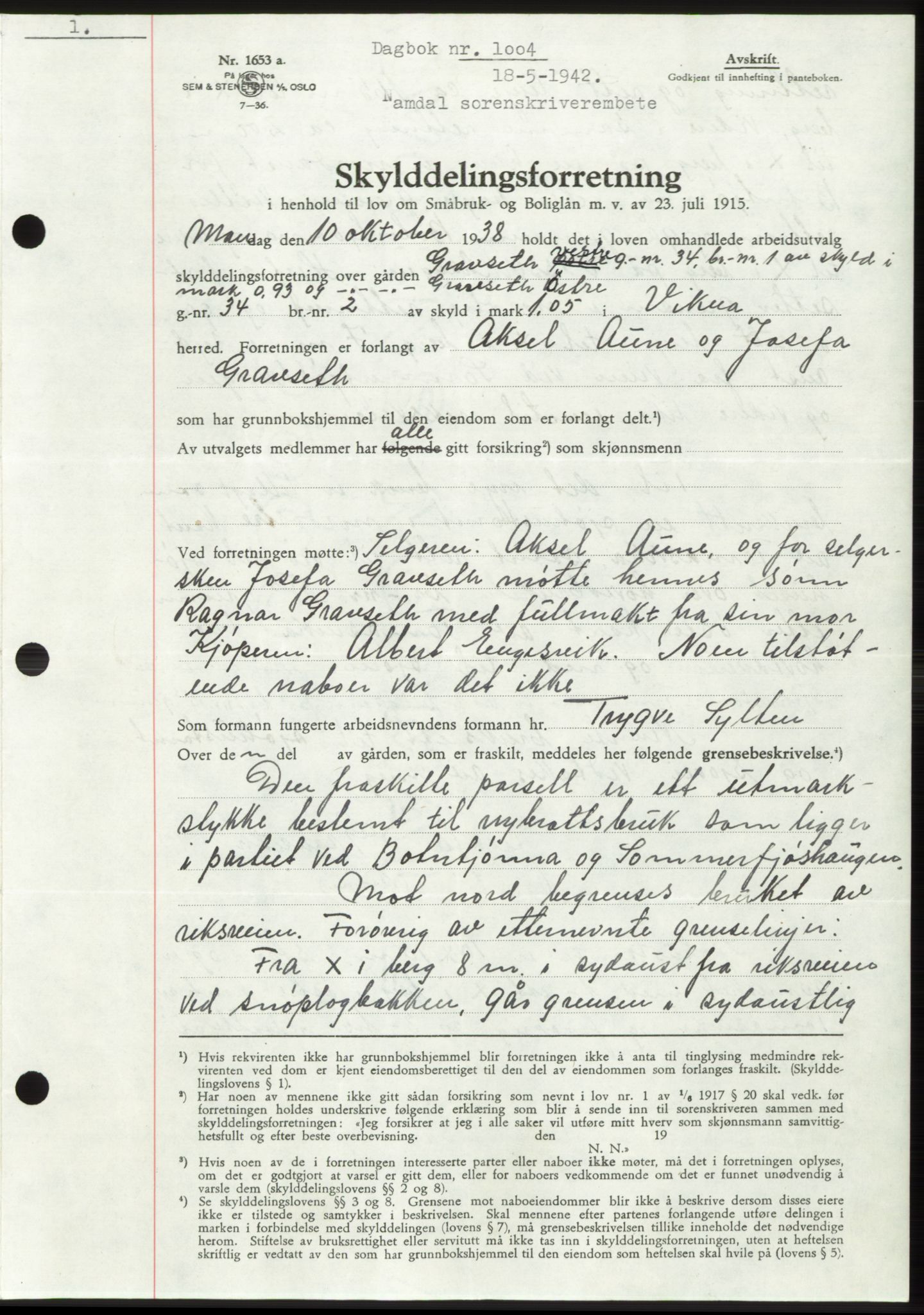 Namdal sorenskriveri, SAT/A-4133/1/2/2C: Pantebok nr. -, 1941-1942, Dagboknr: 1004/1942