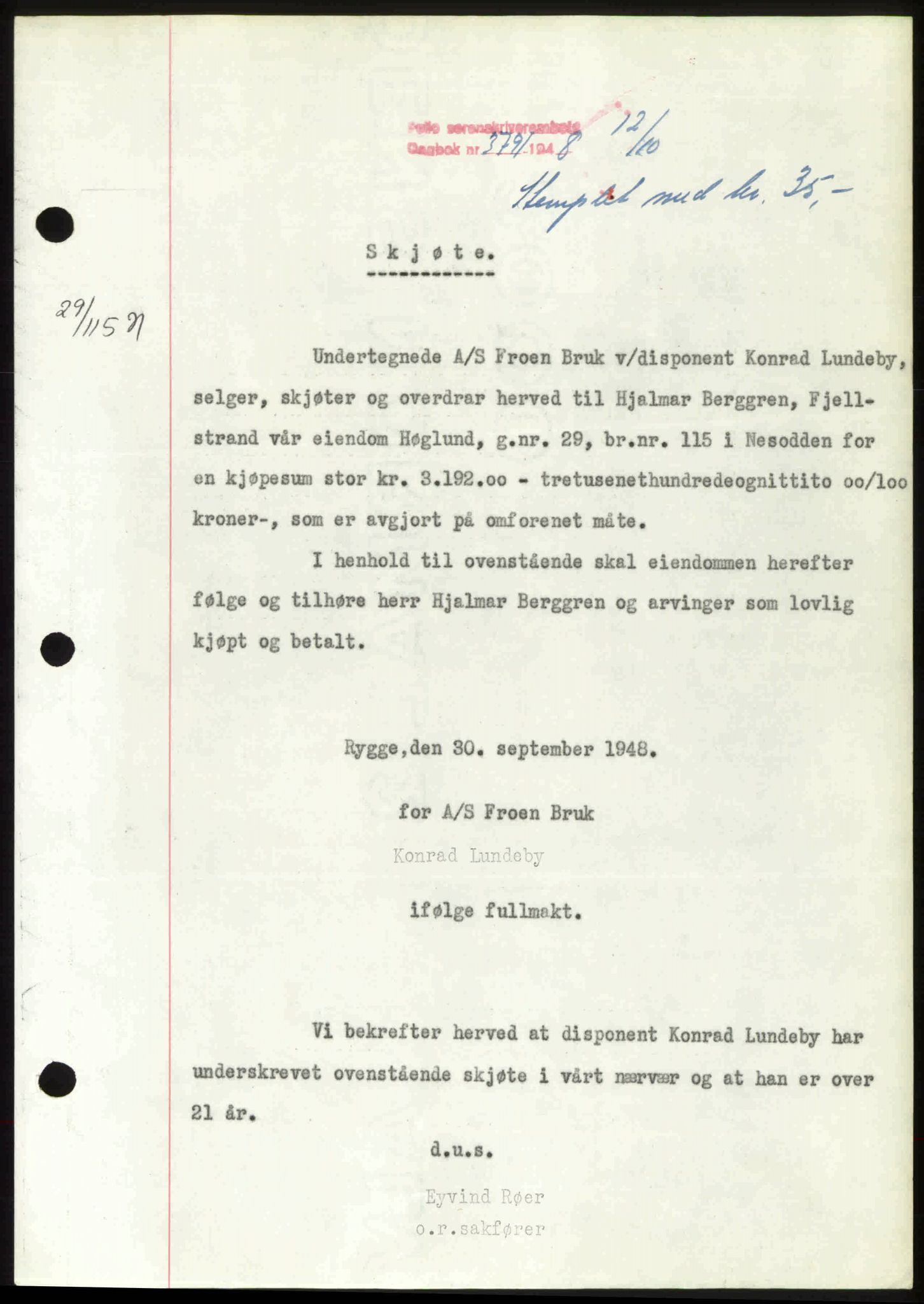 Follo sorenskriveri, SAO/A-10274/G/Ga/Gaa/L0085: Pantebok nr. I 85, 1948-1948, Dagboknr: 3791/1948