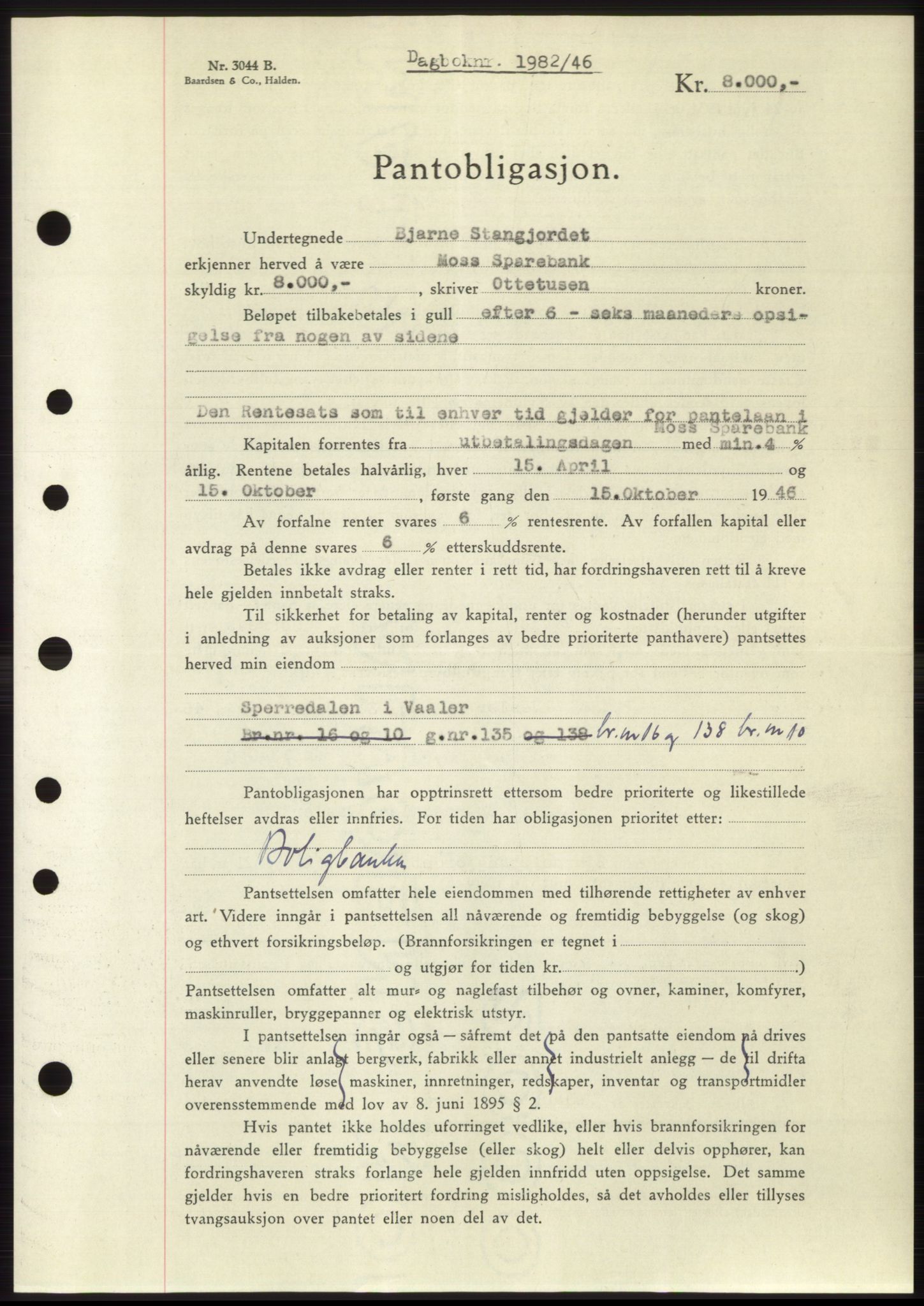 Moss sorenskriveri, SAO/A-10168: Pantebok nr. B15, 1946-1946, Dagboknr: 1982/1946