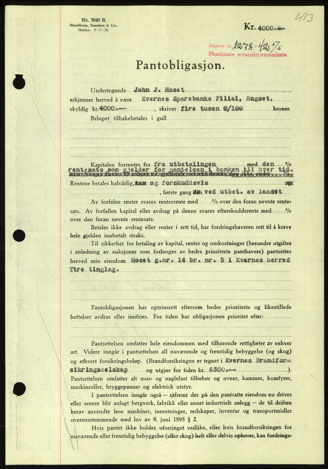 Nordmøre sorenskriveri, AV/SAT-A-4132/1/2/2Ca: Pantebok nr. B89, 1942-1942, Dagboknr: 1278/1942