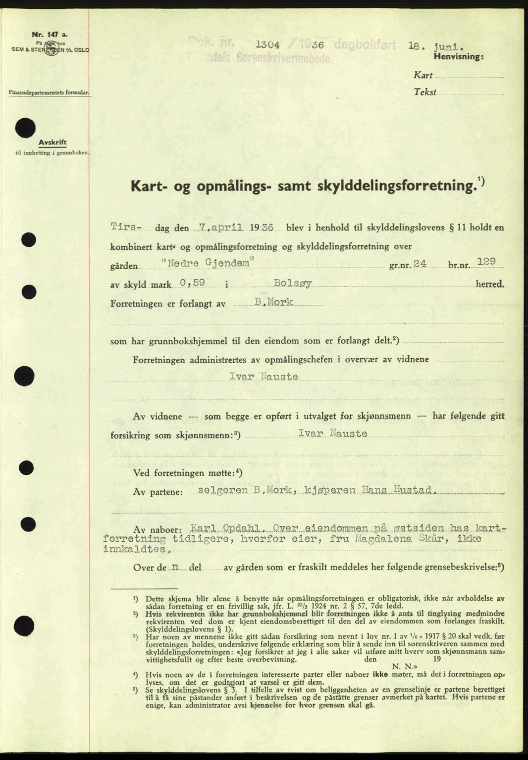 Romsdal sorenskriveri, SAT/A-4149/1/2/2C: Pantebok nr. A1, 1936-1936, Dagboknr: 1304/1936