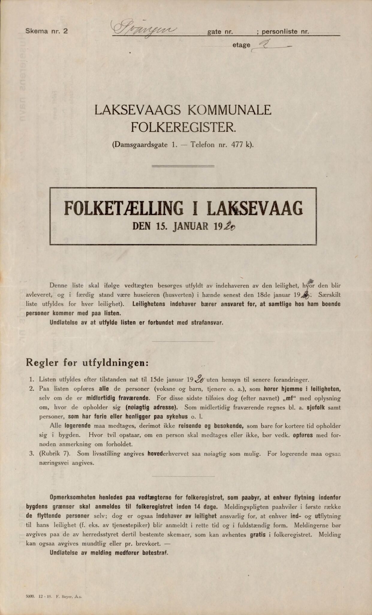 Laksevåg kommune. Folkeregisteret, BBA/A-1586/E/Ea/L0001: Folketellingskjema 1920, 1920, s. 11