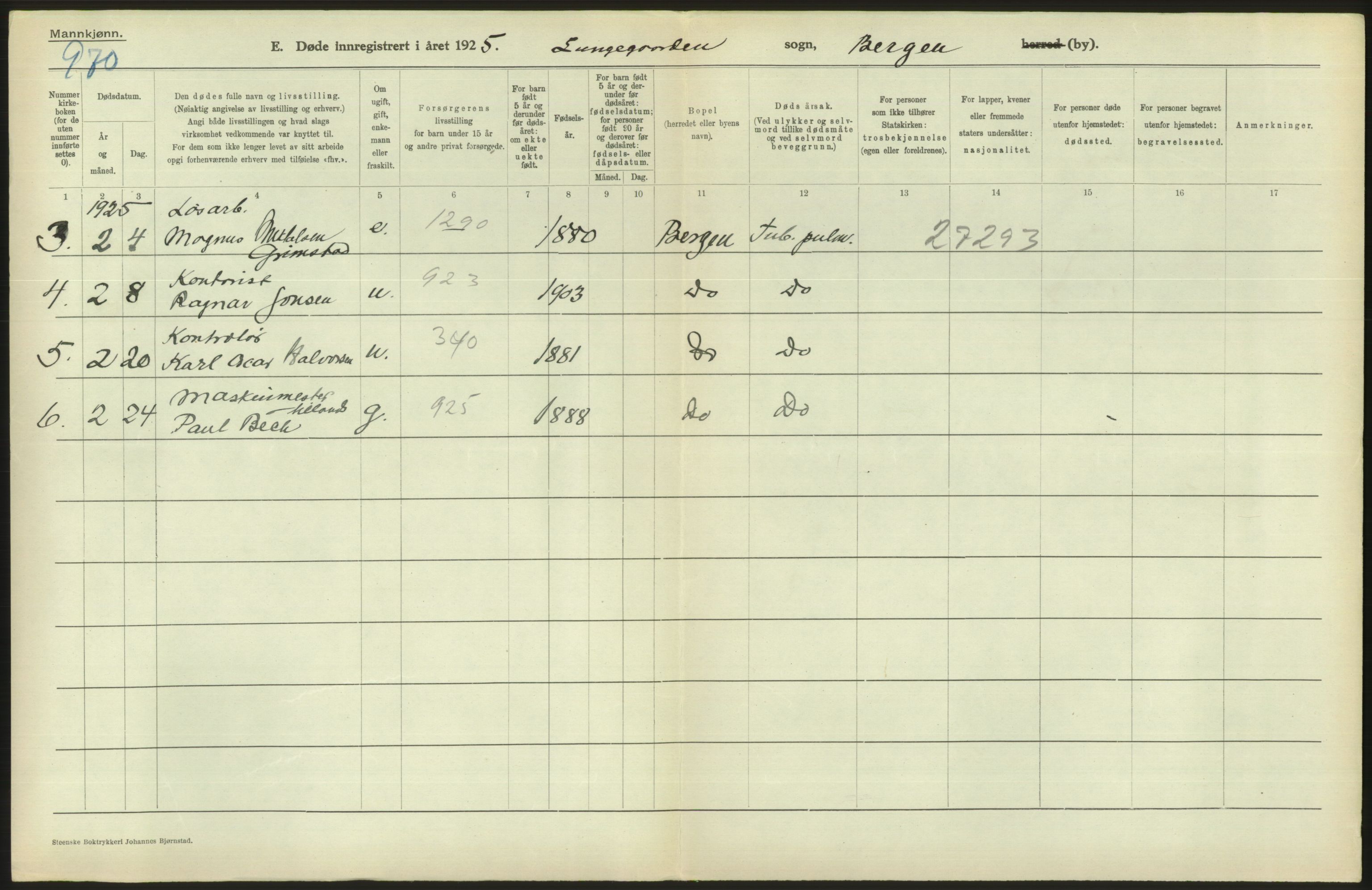 Statistisk sentralbyrå, Sosiodemografiske emner, Befolkning, RA/S-2228/D/Df/Dfc/Dfce/L0029: Bergen: Gifte, døde., 1925, s. 506