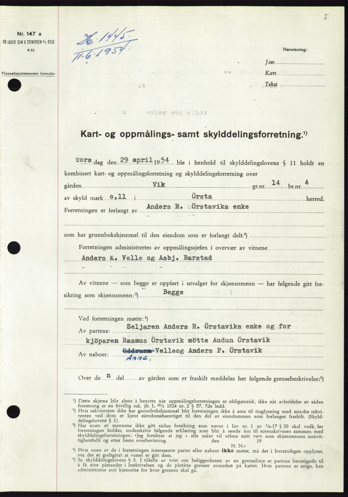 Søre Sunnmøre sorenskriveri, SAT/A-4122/1/2/2C/L0098: Pantebok nr. 24A, 1954-1954, Dagboknr: 1445/1954
