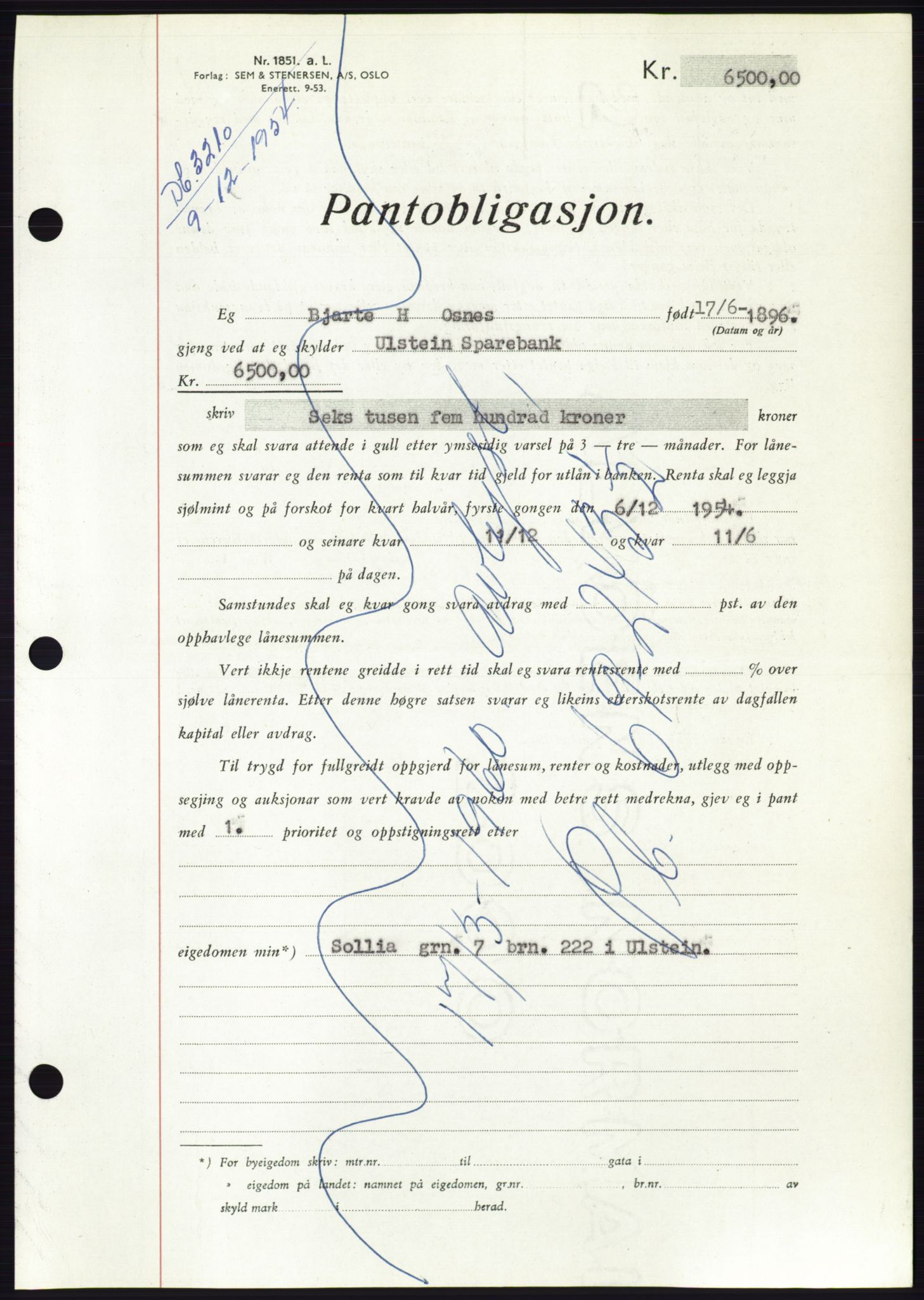 Søre Sunnmøre sorenskriveri, AV/SAT-A-4122/1/2/2C/L0126: Pantebok nr. 14B, 1954-1955, Dagboknr: 3210/1954