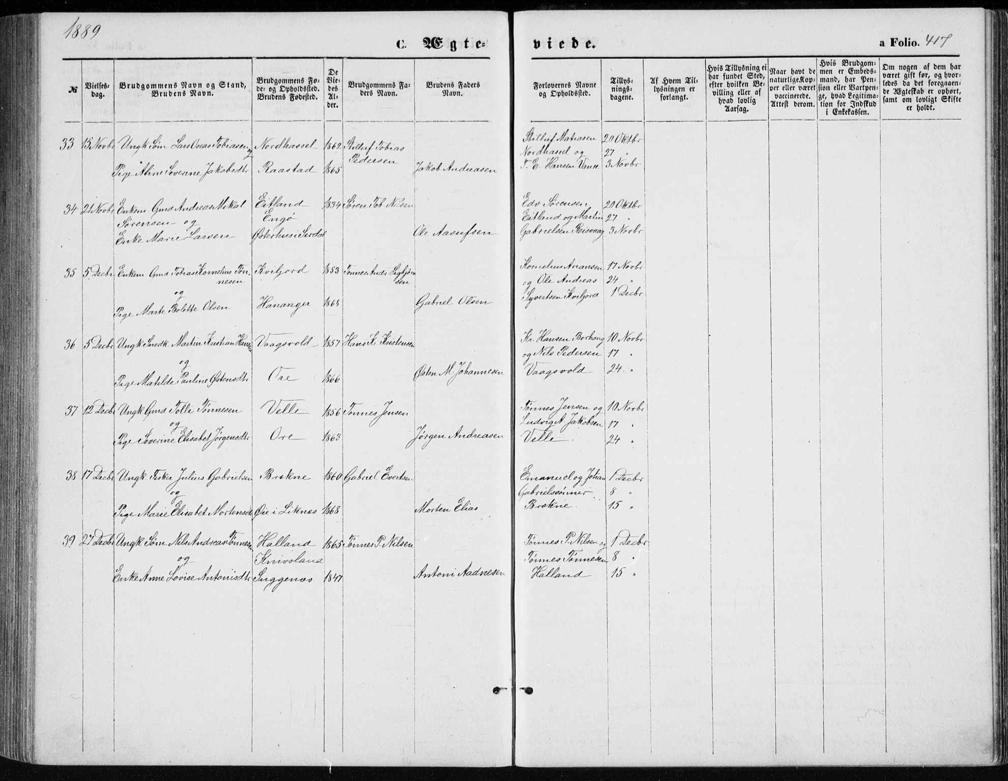 Lista sokneprestkontor, AV/SAK-1111-0027/F/Fb/L0004: Klokkerbok nr. B 4, 1877-1891, s. 417