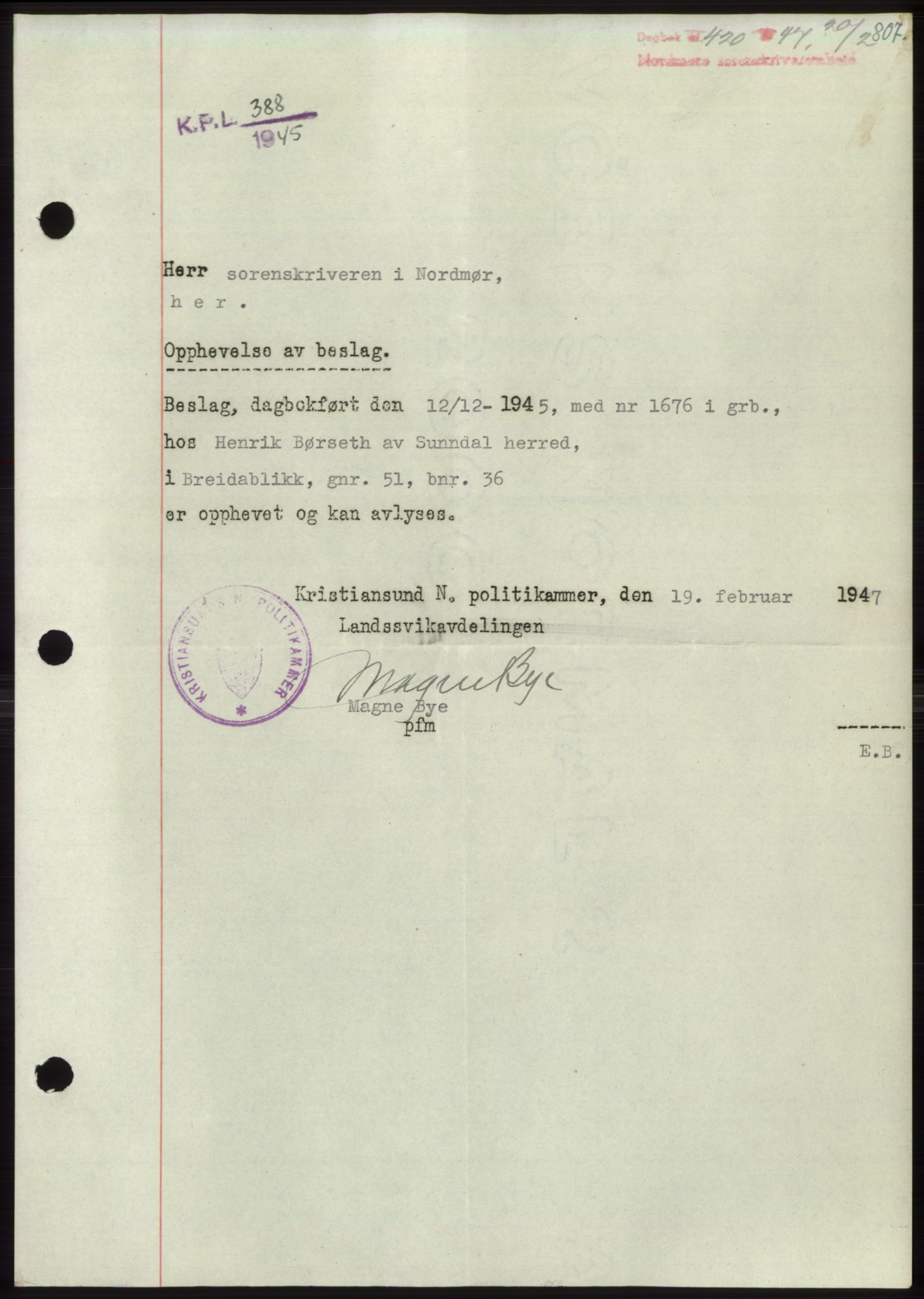 Nordmøre sorenskriveri, SAT/A-4132/1/2/2Ca: Pantebok nr. B95, 1946-1947, Dagboknr: 420/1947