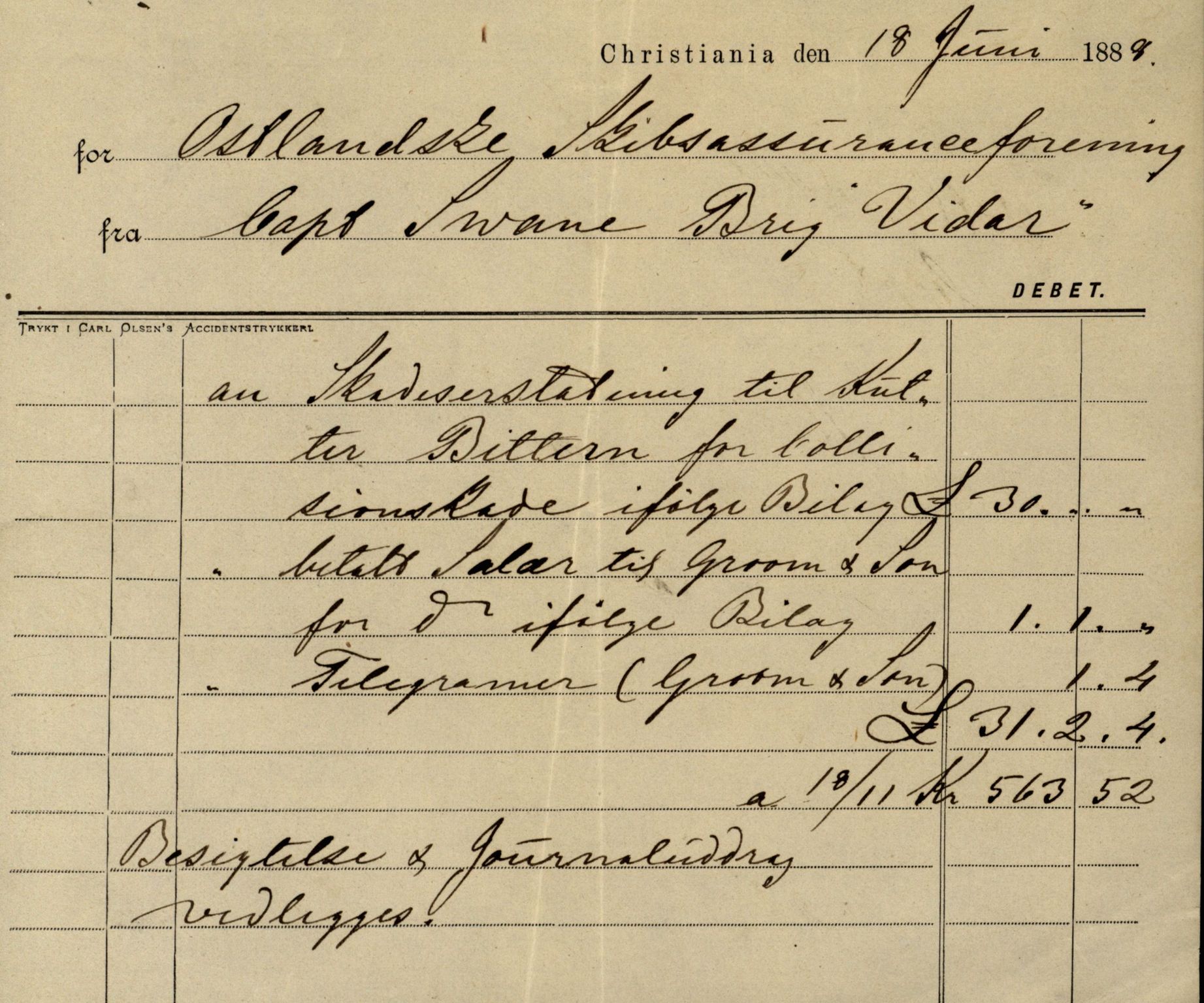 Pa 63 - Østlandske skibsassuranceforening, VEMU/A-1079/G/Ga/L0022/0004: Havaridokumenter / Try, Tre Brødre, Vidar, Elisa, Dagny, 1888, s. 6