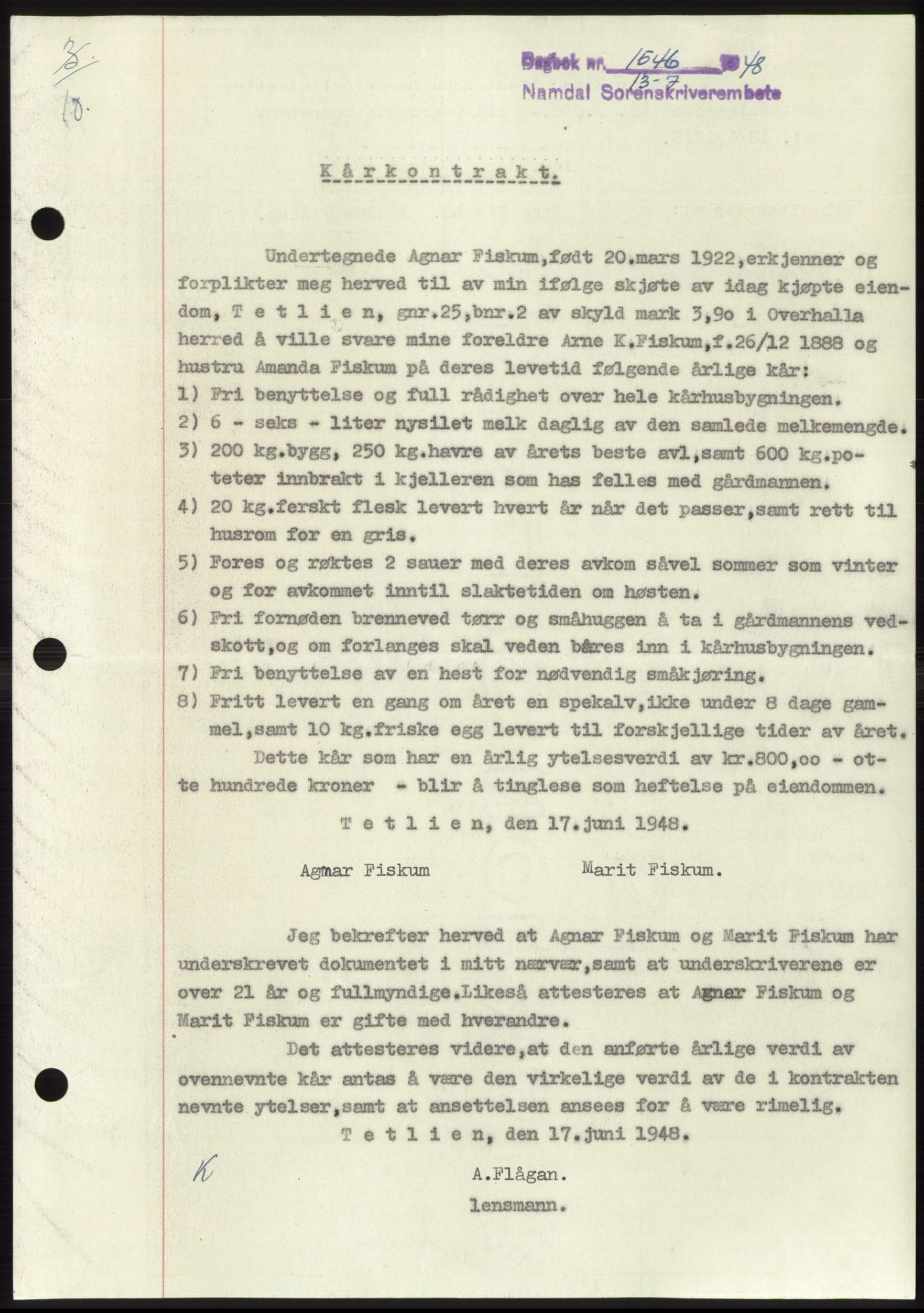 Namdal sorenskriveri, SAT/A-4133/1/2/2C: Pantebok nr. -, 1948-1948, Dagboknr: 1546/1948