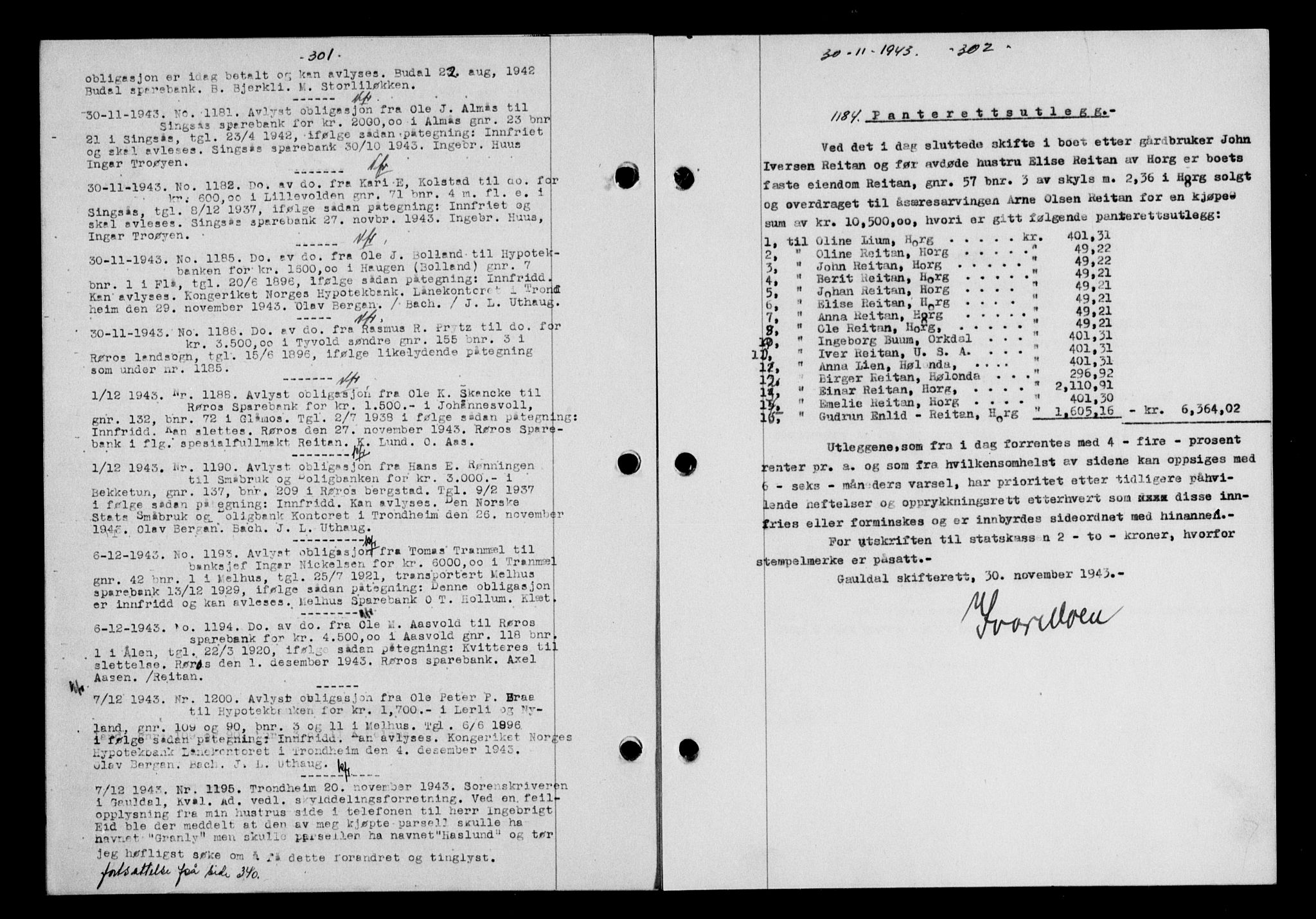Gauldal sorenskriveri, SAT/A-0014/1/2/2C/L0057: Pantebok nr. 62, 1943-1944, Dagboknr: 1184/1943
