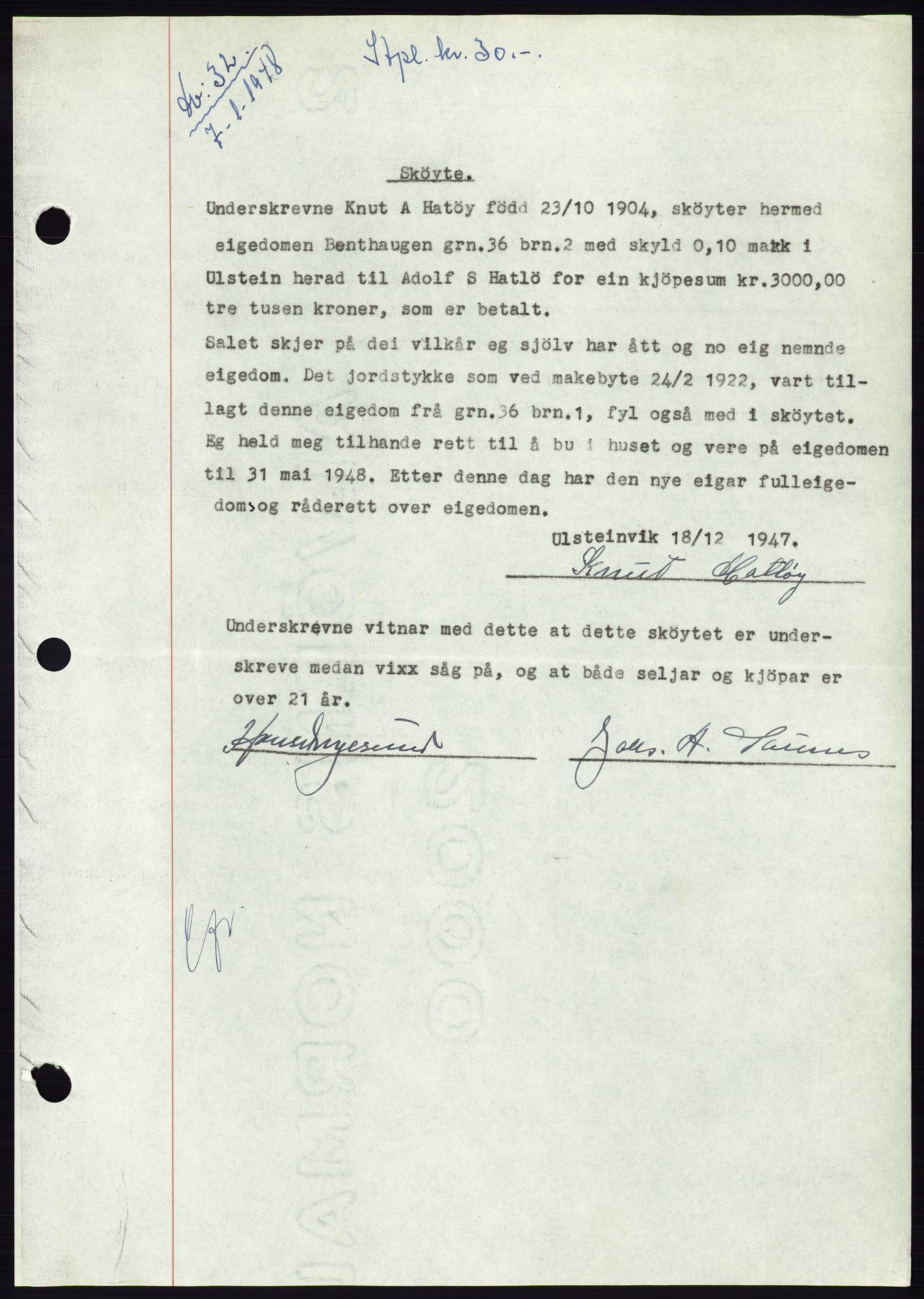 Søre Sunnmøre sorenskriveri, SAT/A-4122/1/2/2C/L0081: Pantebok nr. 7A, 1947-1948, Dagboknr: 32/1948