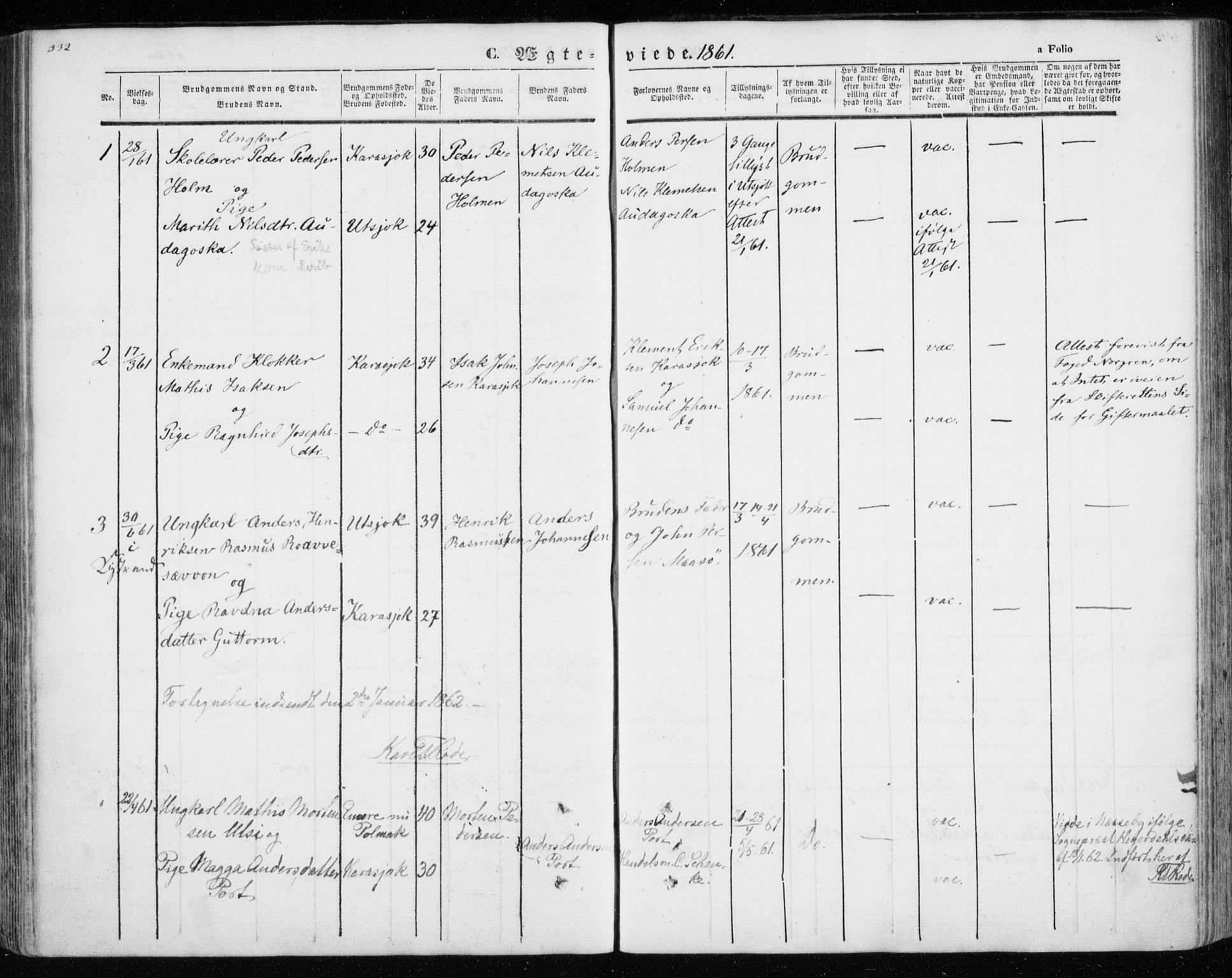 Kistrand/Porsanger sokneprestembete, AV/SATØ-S-1351/H/Ha/L0012.kirke: Ministerialbok nr. 12, 1843-1871, s. 332-333