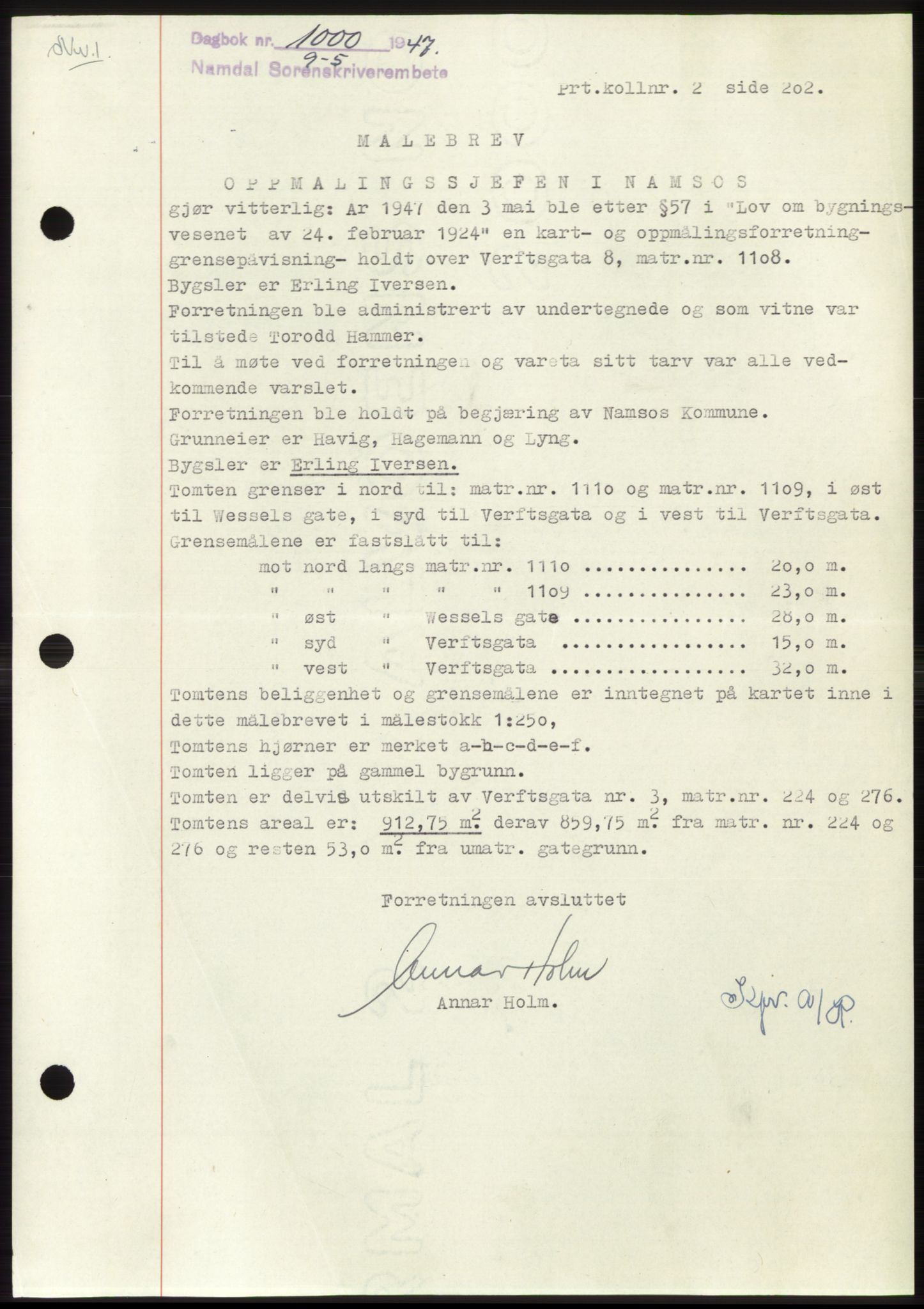 Namdal sorenskriveri, SAT/A-4133/1/2/2C: Pantebok nr. -, 1947-1947, Dagboknr: 1000/1947