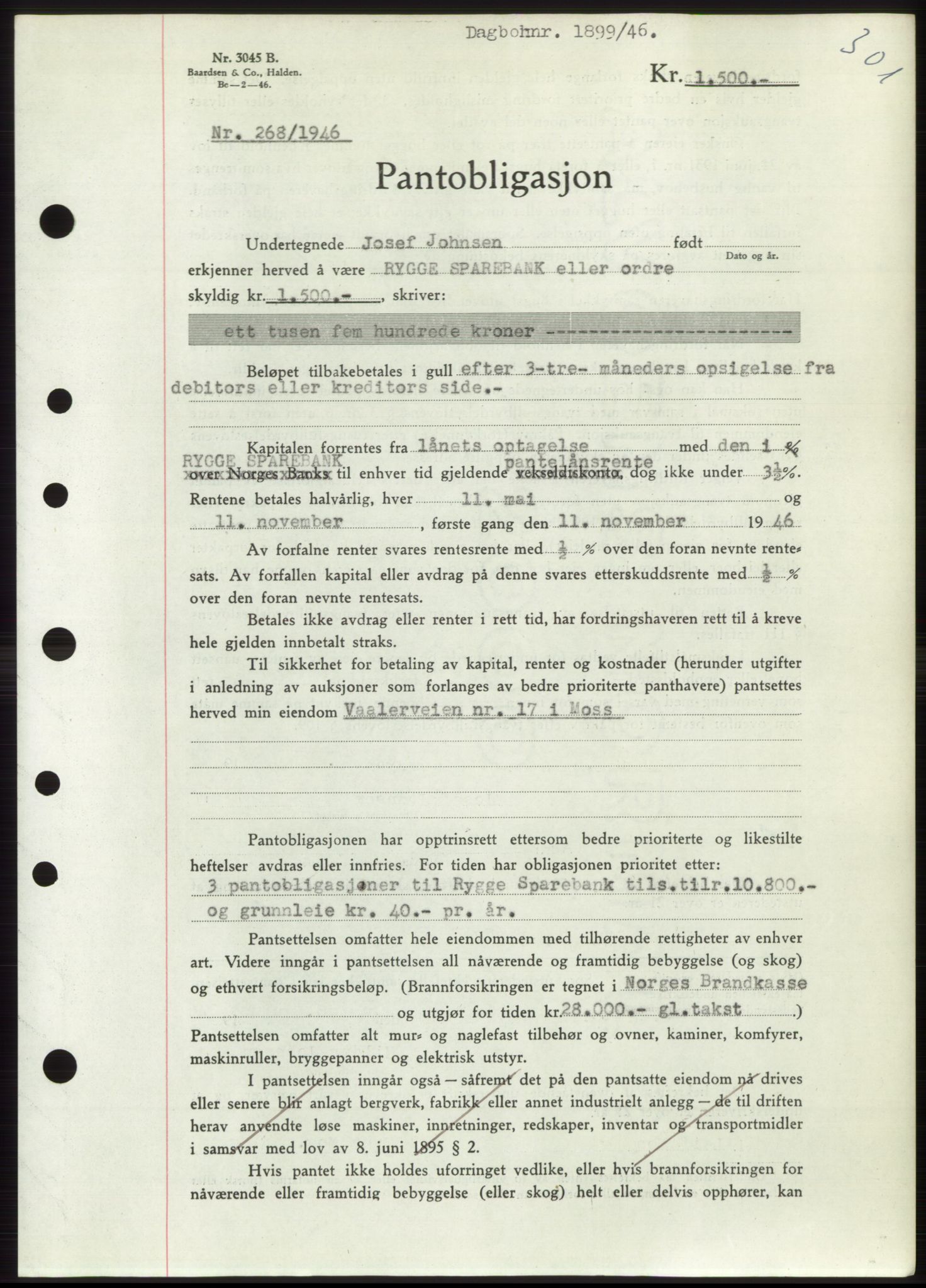 Moss sorenskriveri, SAO/A-10168: Pantebok nr. B15, 1946-1946, Dagboknr: 1899/1946