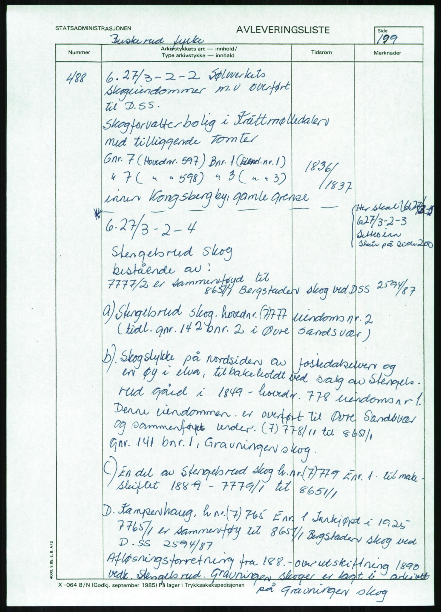 Direktoratet for statens skoger, AV/RA-S-1600/2/E/Eg/L0002: Arkivliste for 10.11-serien. Akershus til Sør-Trøndelag fylke. Mappenr. 1 - 925, 1957-1992, s. 200