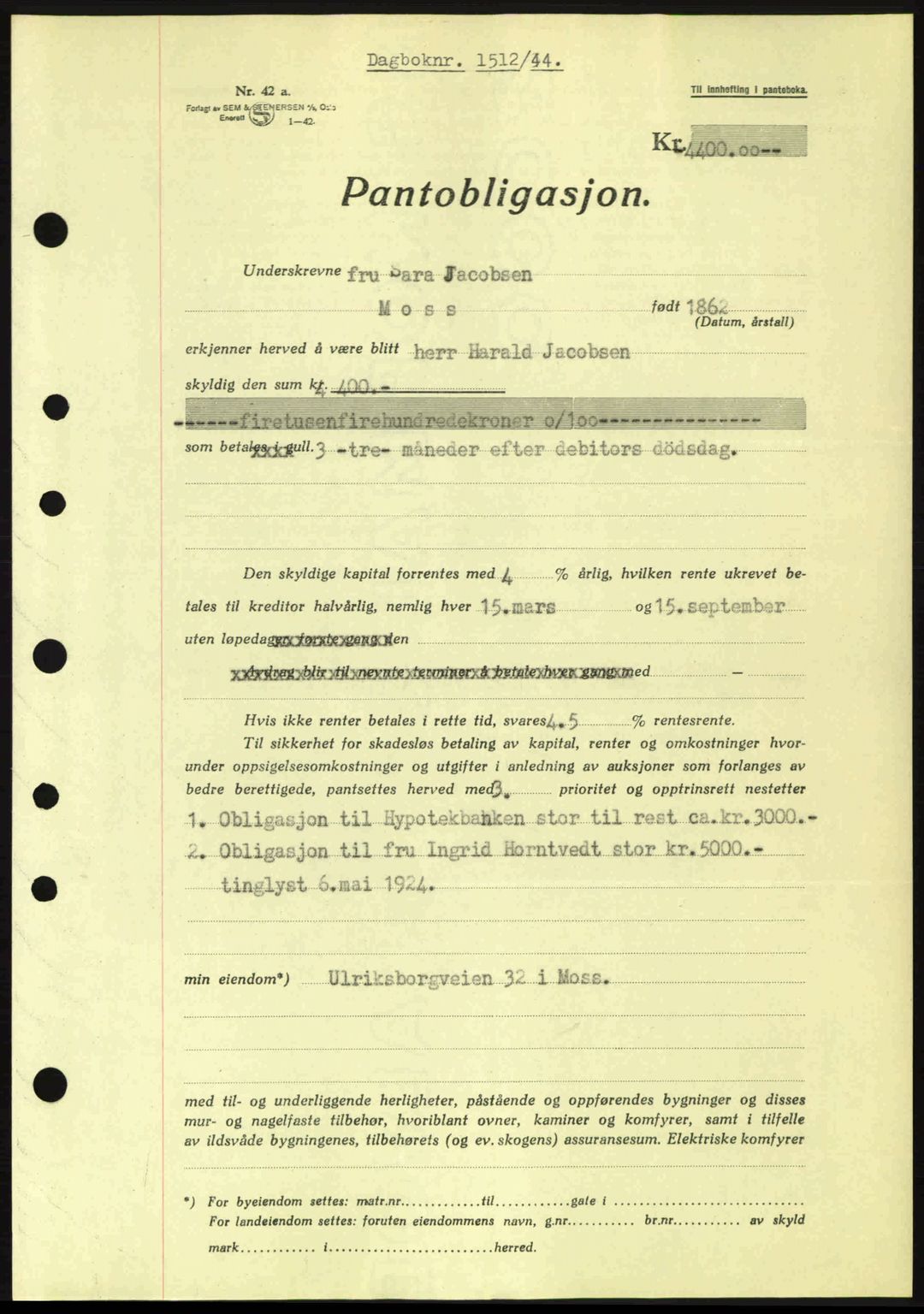 Moss sorenskriveri, SAO/A-10168: Pantebok nr. B13, 1943-1945, Dagboknr: 1512/1944
