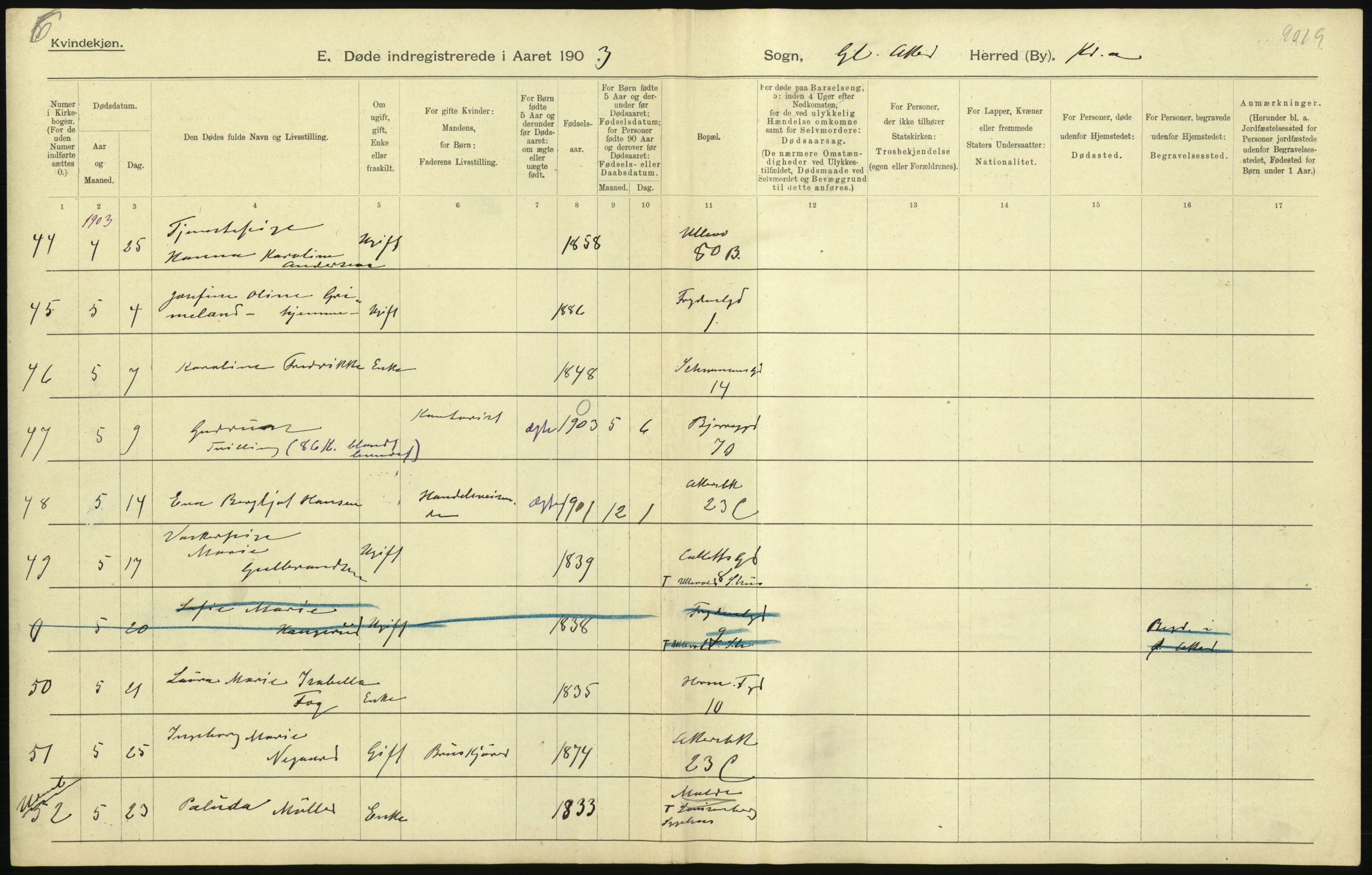 Statistisk sentralbyrå, Sosiodemografiske emner, Befolkning, AV/RA-S-2228/D/Df/Dfa/Dfaa/L0004: Kristiania: Gifte, døde, 1903, s. 55