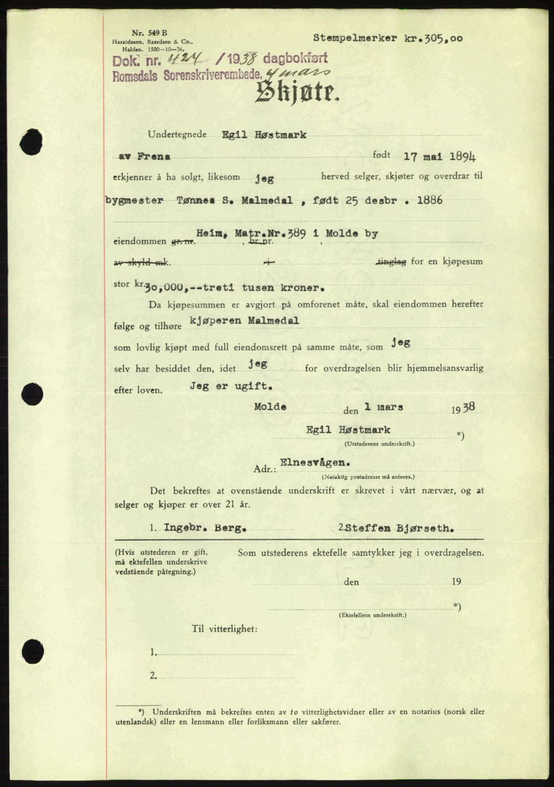 Romsdal sorenskriveri, SAT/A-4149/1/2/2C: Pantebok nr. A4, 1937-1938, Dagboknr: 424/1938