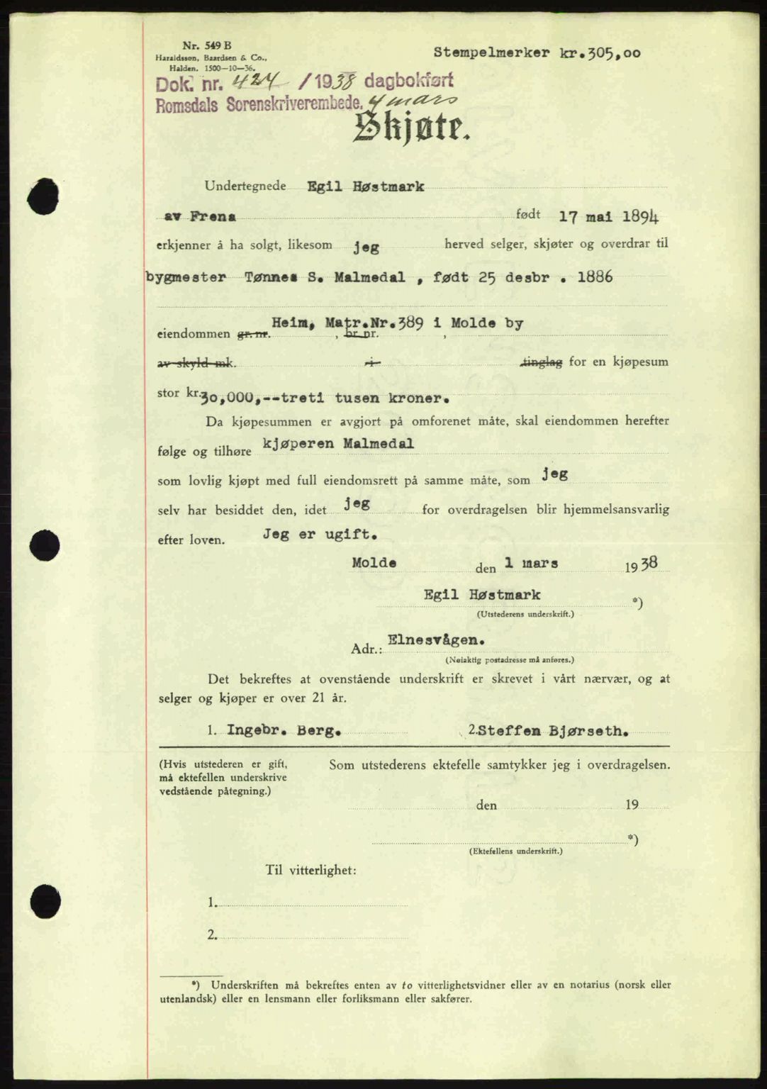 Romsdal sorenskriveri, AV/SAT-A-4149/1/2/2C: Pantebok nr. A4, 1937-1938, Dagboknr: 424/1938