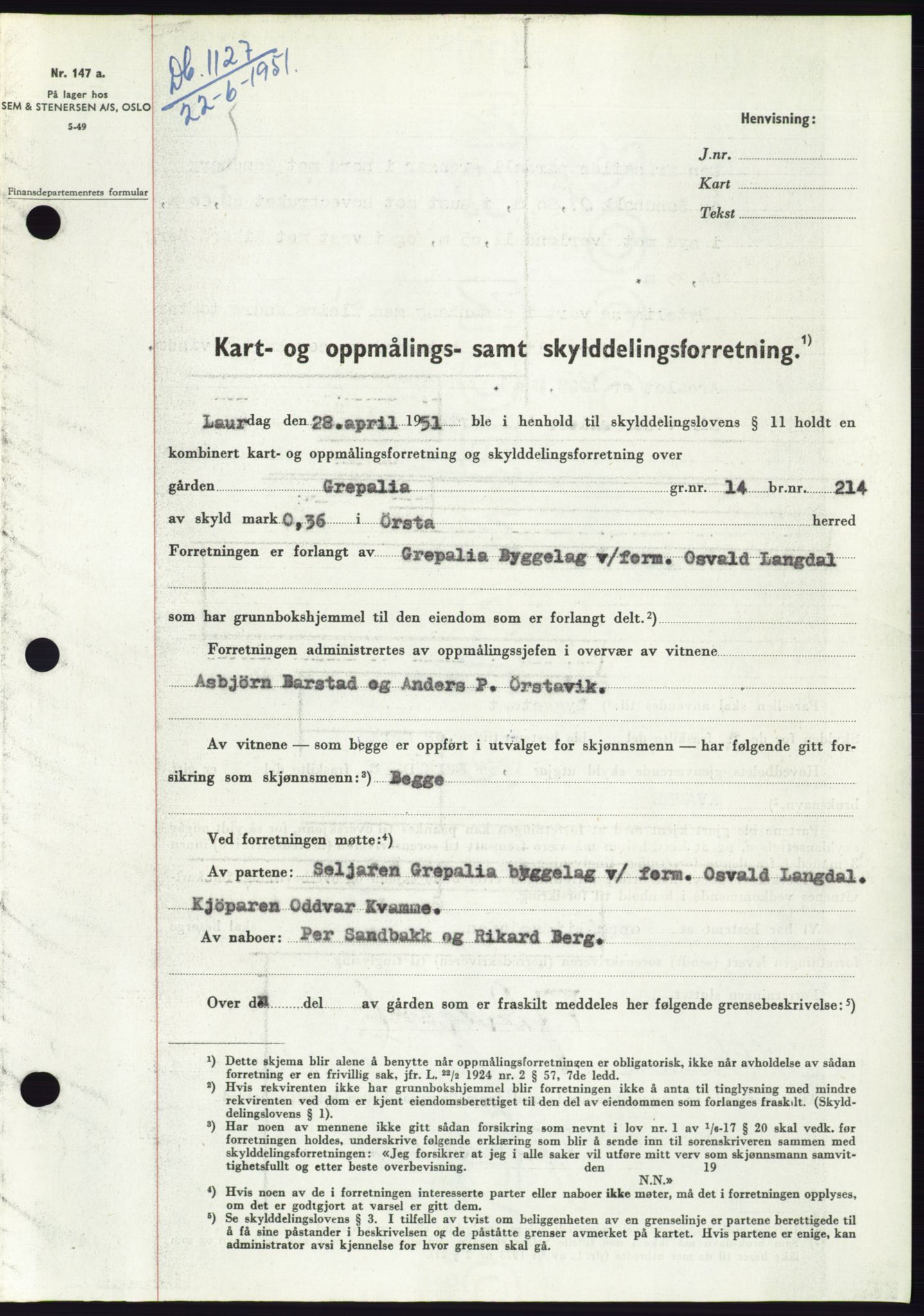Søre Sunnmøre sorenskriveri, SAT/A-4122/1/2/2C/L0089: Pantebok nr. 15A, 1951-1951, Dagboknr: 1127/1951