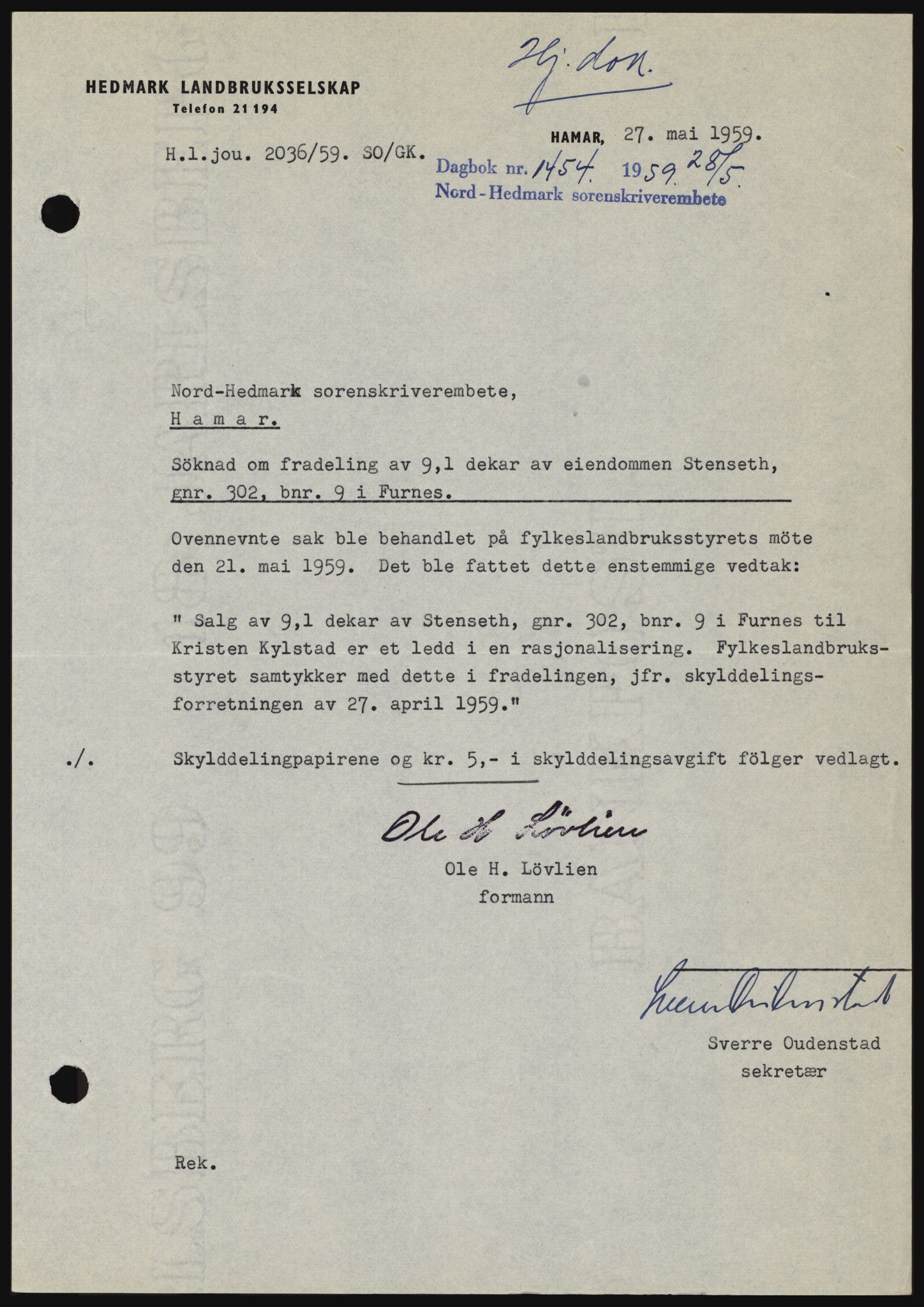 Nord-Hedmark sorenskriveri, SAH/TING-012/H/Hc/L0013: Pantebok nr. 13, 1959-1960, Dagboknr: 1454/1959