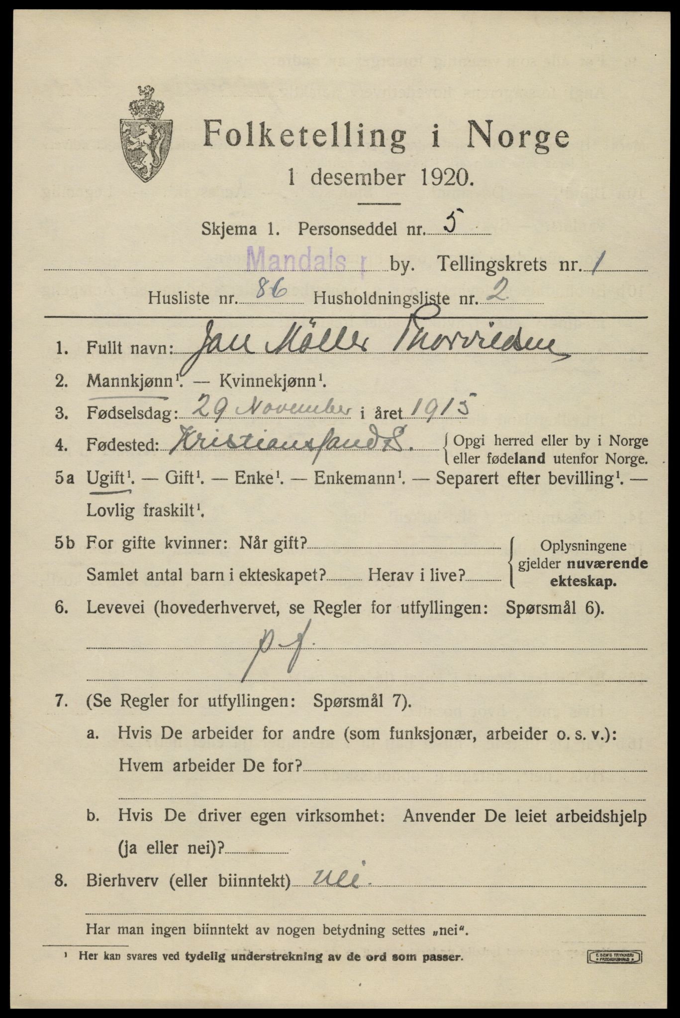 SAK, Folketelling 1920 for 1002 Mandal ladested, 1920, s. 4141