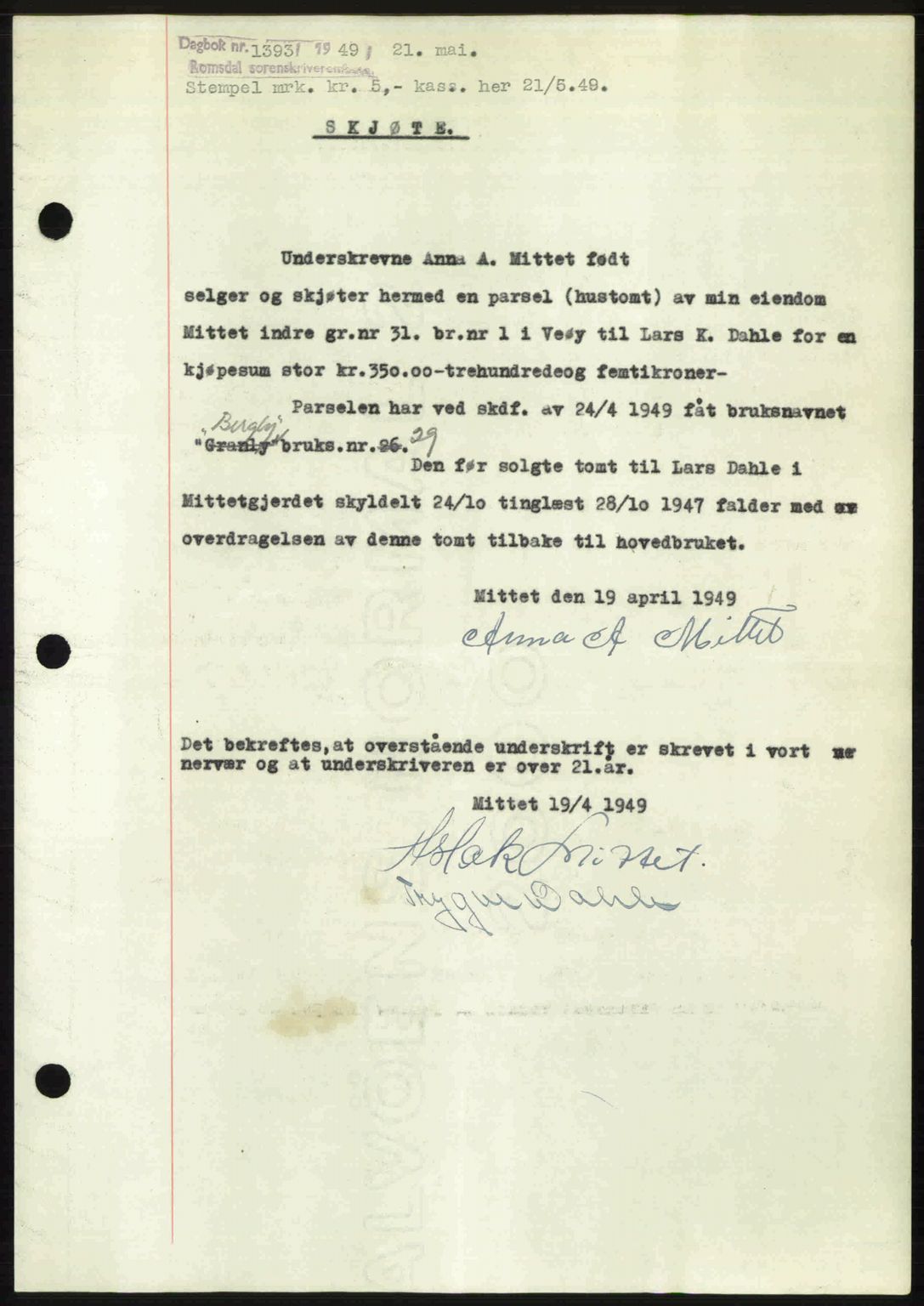 Romsdal sorenskriveri, SAT/A-4149/1/2/2C: Pantebok nr. A29, 1949-1949, Dagboknr: 1393/1949