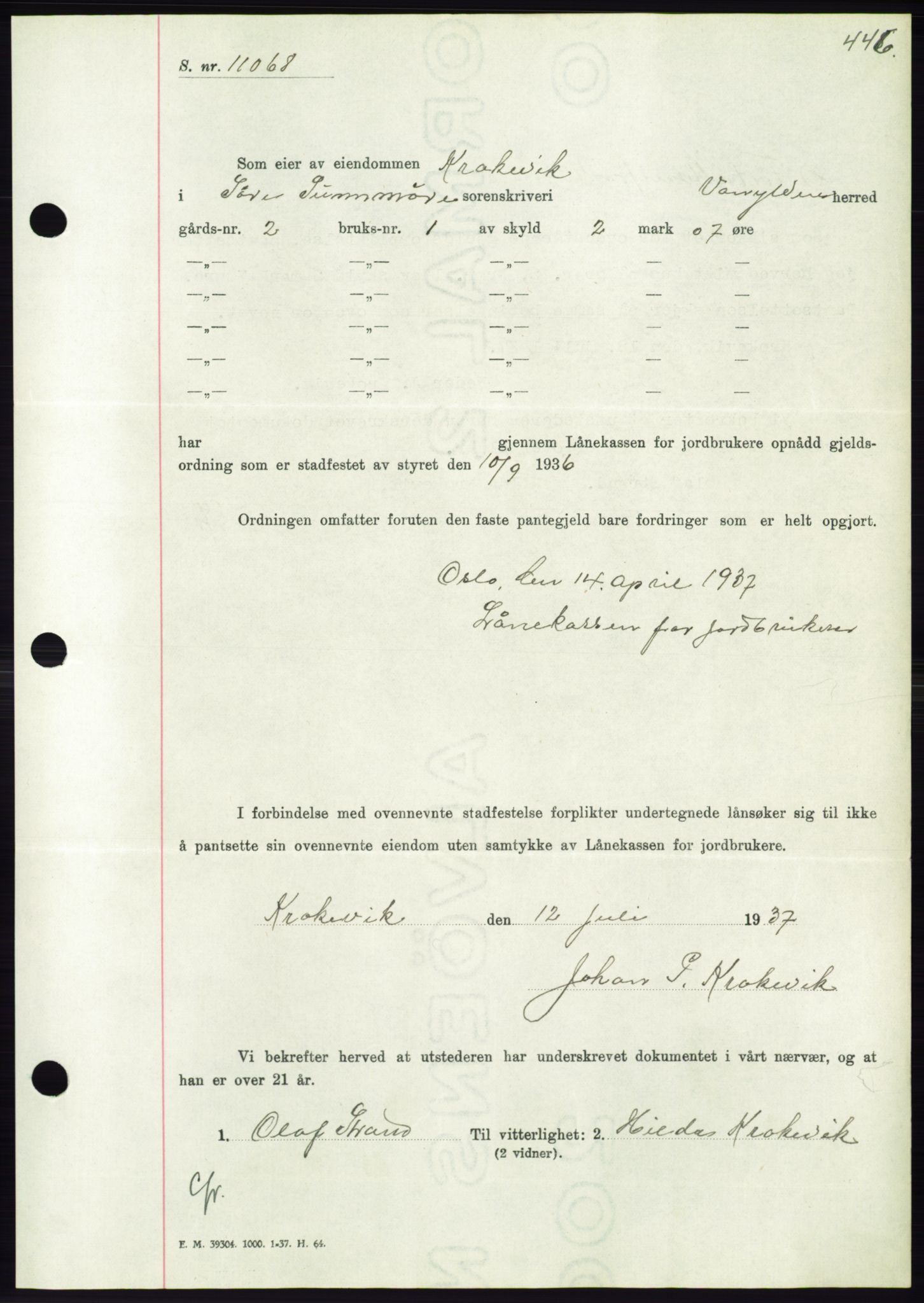 Søre Sunnmøre sorenskriveri, AV/SAT-A-4122/1/2/2C/L0063: Pantebok nr. 57, 1937-1937, Dagboknr: 1141/1937