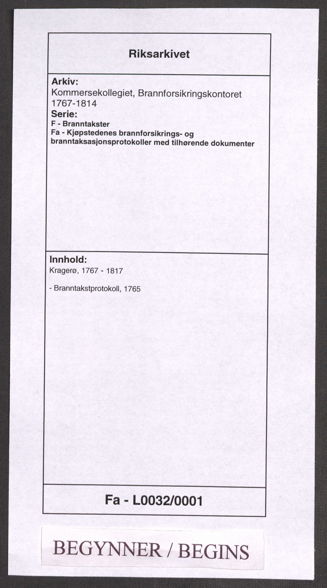 Kommersekollegiet, Brannforsikringskontoret 1767-1814, RA/EA-5458/F/Fa/L0032/0001: Kragerø / Branntakstprotokoll, 1765