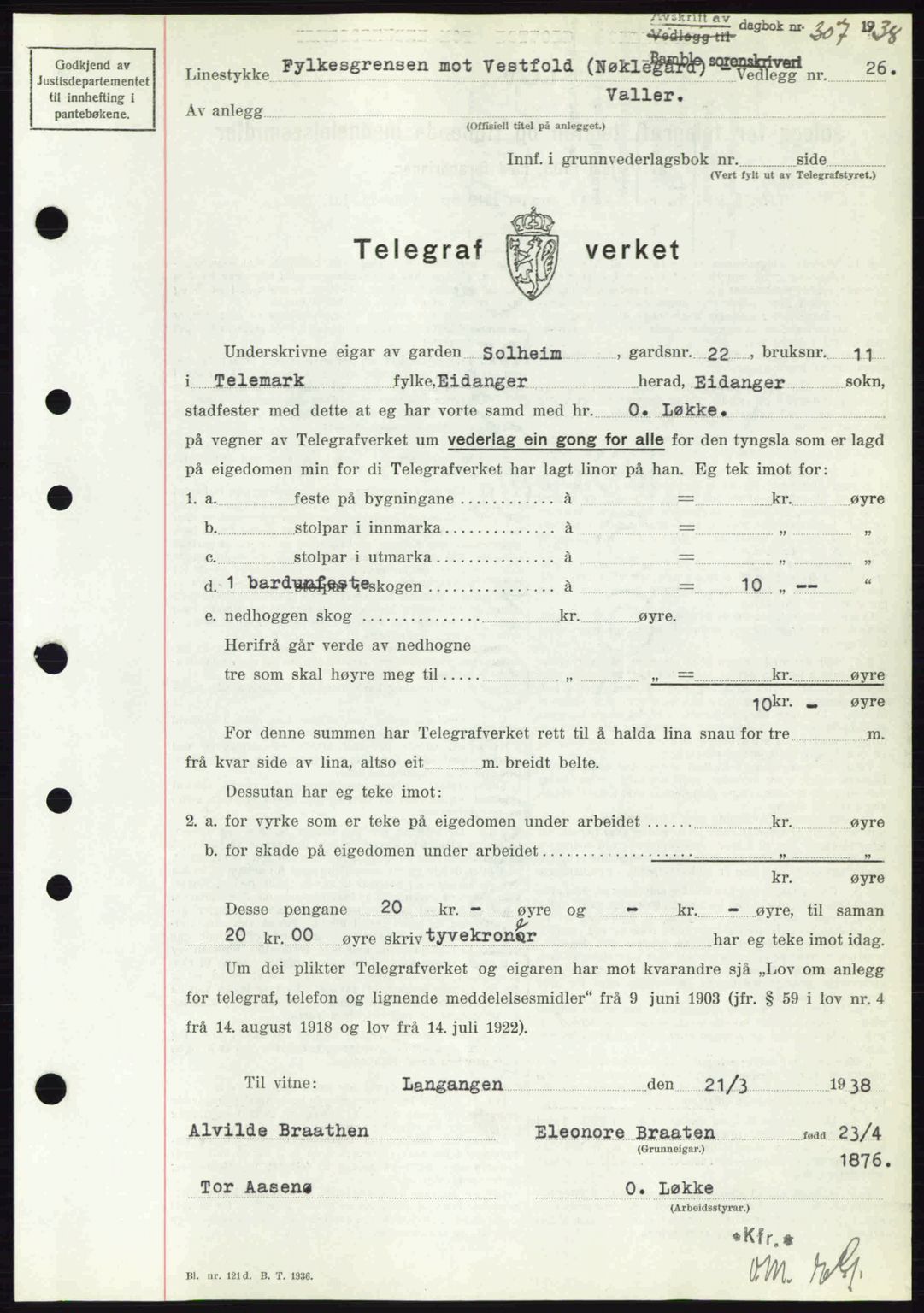 Bamble sorenskriveri, AV/SAKO-A-214/G/Ga/Gag/L0002: Pantebok nr. A-2, 1937-1938, Dagboknr: 307/1938