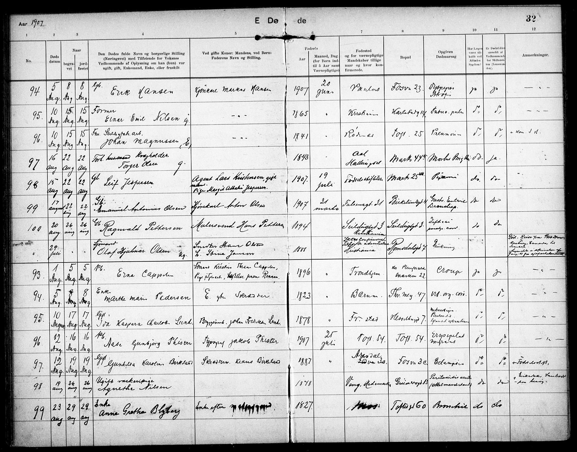 Paulus prestekontor Kirkebøker, AV/SAO-A-10871/F/Fa/L0018: Ministerialbok nr. 18, 1906-1915, s. 32