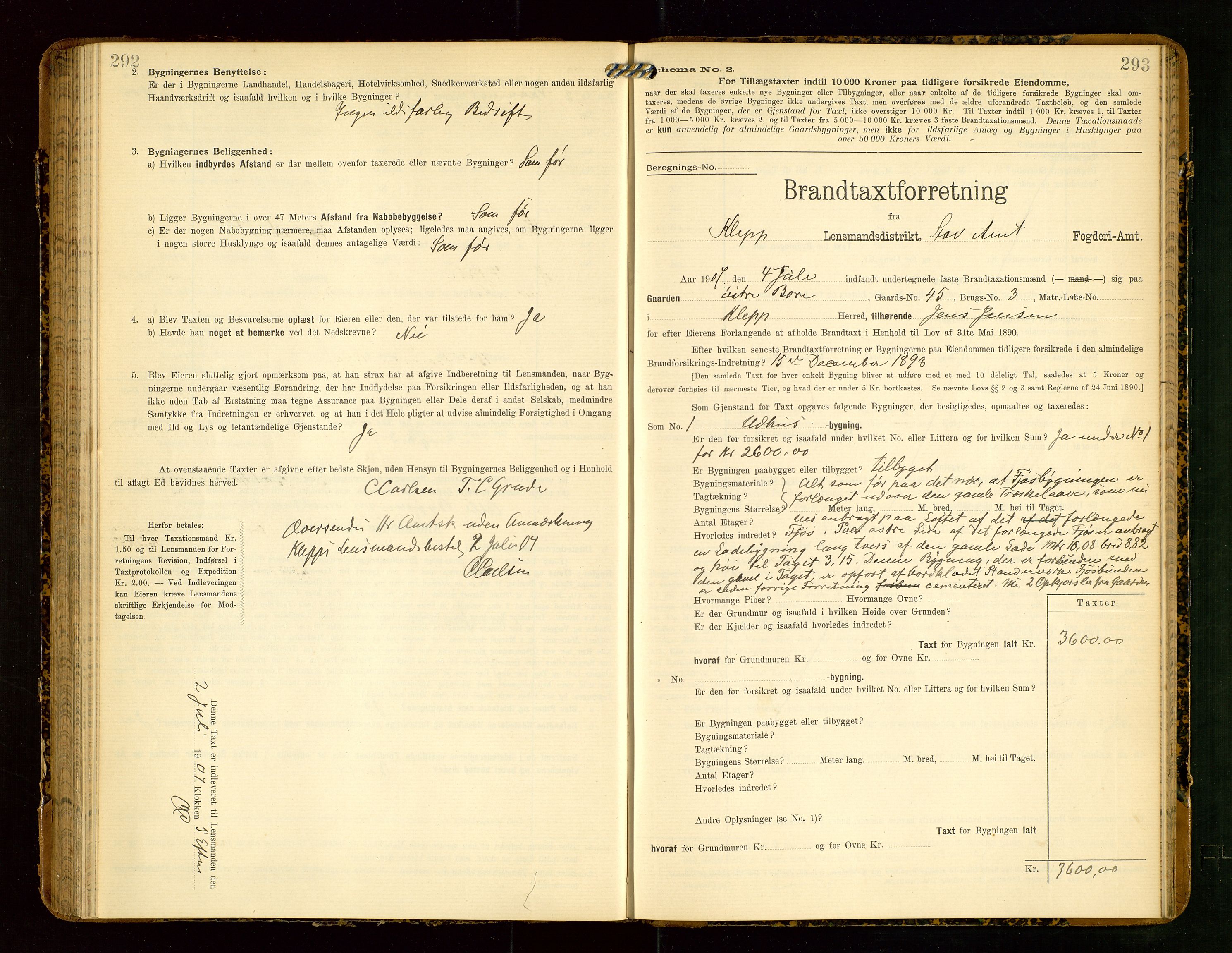 Klepp lensmannskontor, AV/SAST-A-100163/Goc/L0004: "Brandtaxationsprotokol" m/register, 1906-1908, s. 292-293