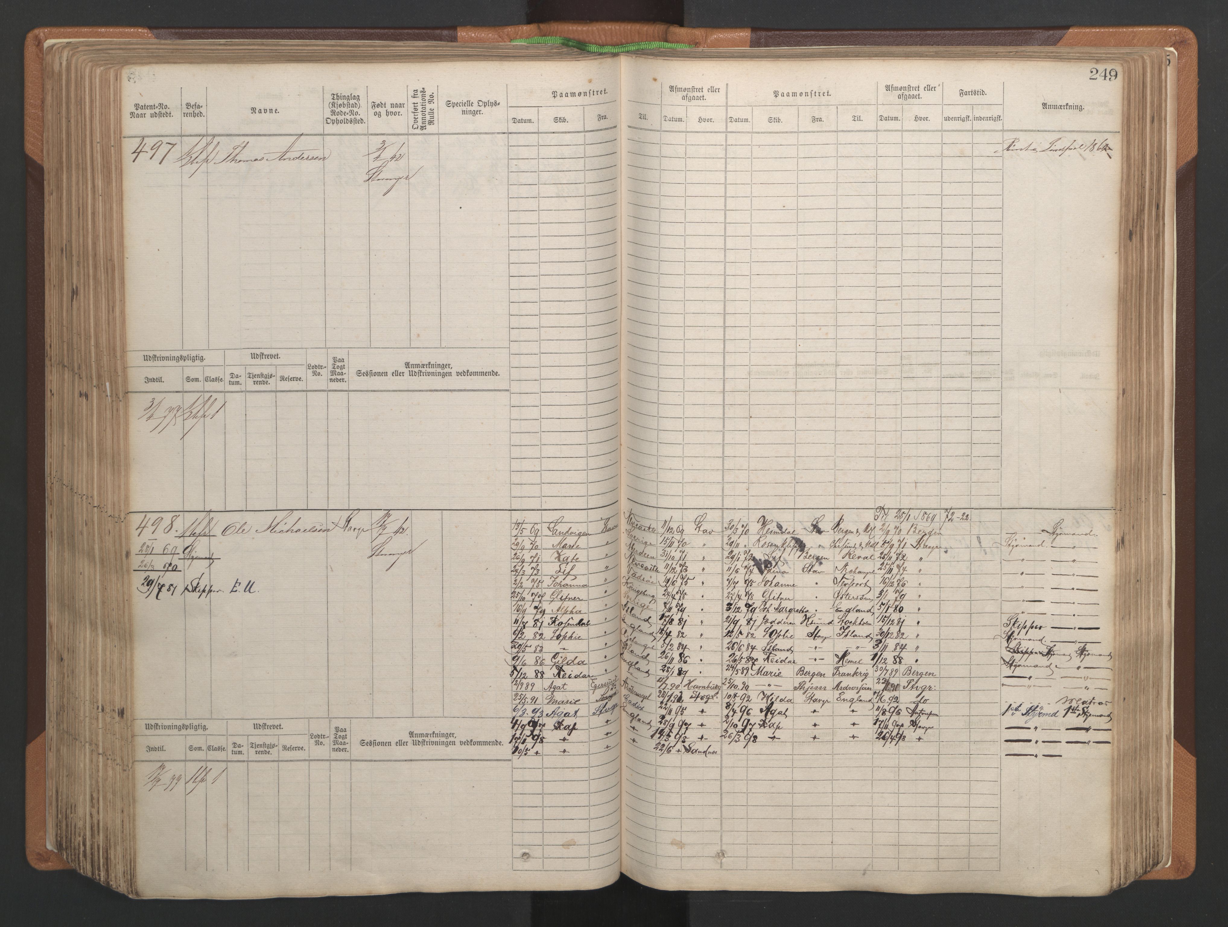 Stavanger sjømannskontor, AV/SAST-A-102006/F/Fb/Fbb/L0004: Sjøfartshovedrulle, patentnr. 1-792 (del 1), 1869-1880, s. 255