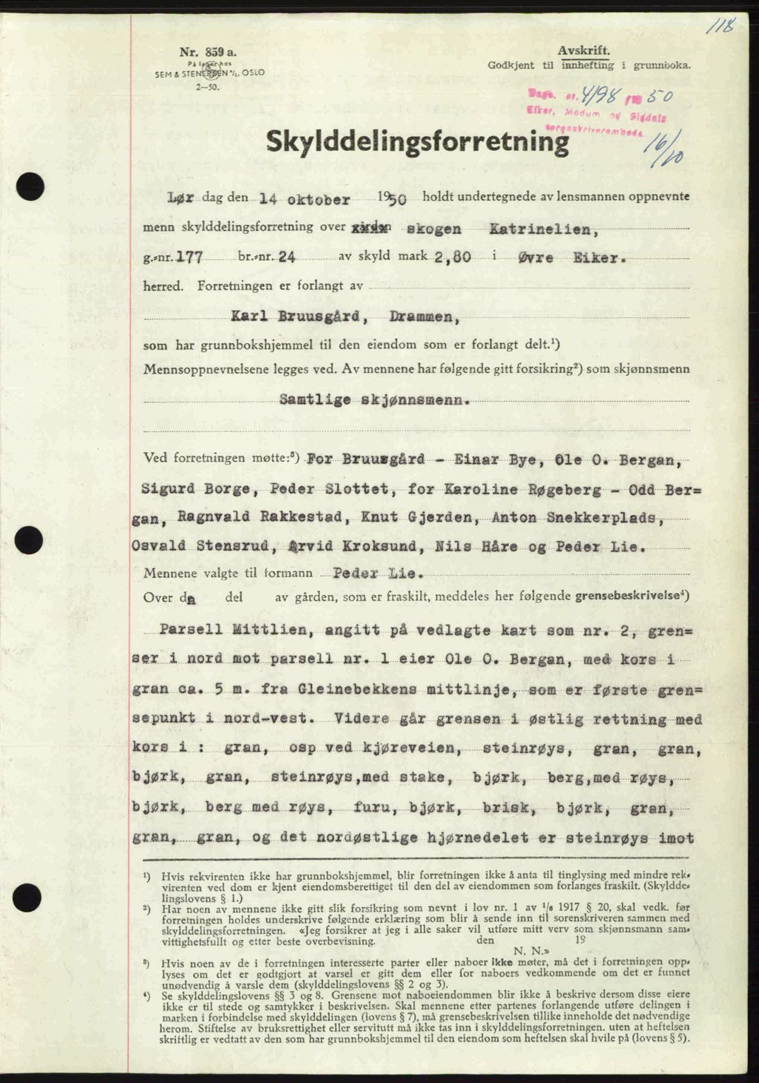 Eiker, Modum og Sigdal sorenskriveri, SAKO/A-123/G/Ga/Gab/L0069: Pantebok nr. A39/14, 1950-1950, Dagboknr: 4198/1950