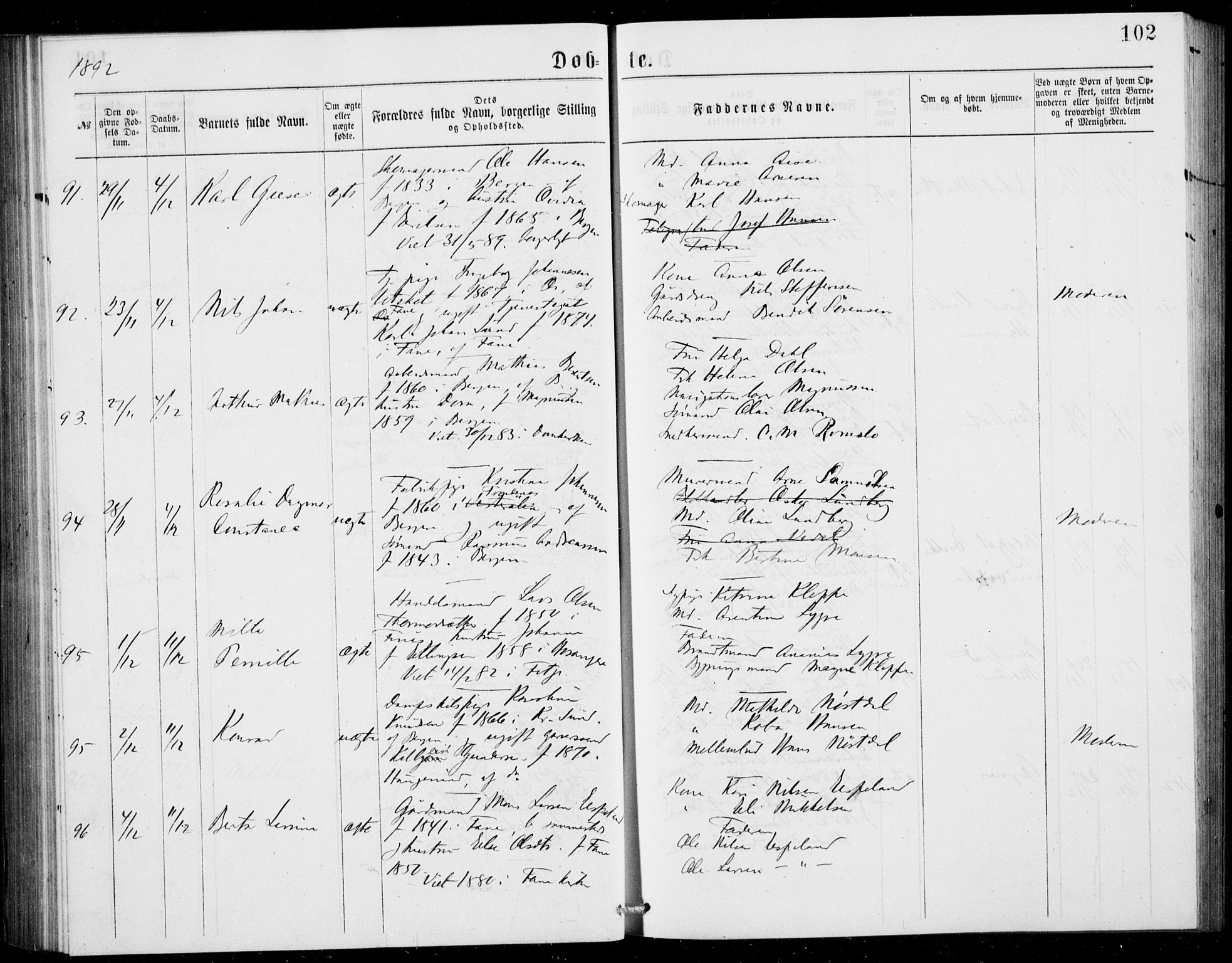 Fødselsstiftelsens sokneprestembete, ført av overlegen*, SAB/-: Ministerialbok nr. A 2, 1884-1900, s. 102