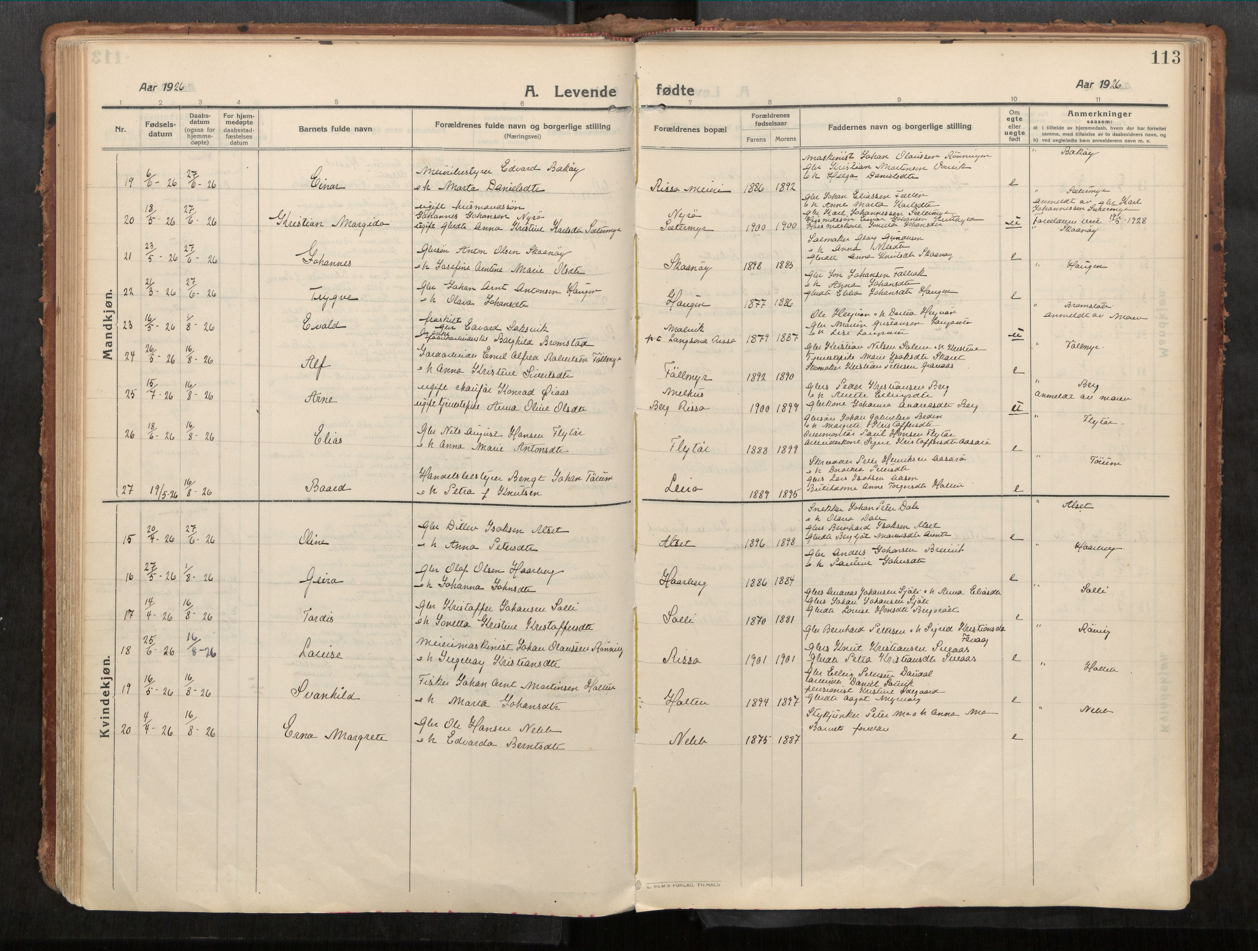 Stadsbygd sokneprestkontor, AV/SAT-A-1117/1/I/I1/I1a/L0001: Ministerialbok nr. 1, 1911-1929, s. 113