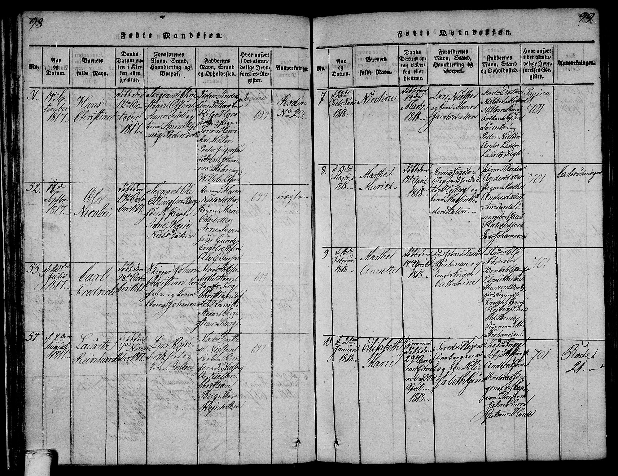 Larvik kirkebøker, SAKO/A-352/F/Fa/L0001: Ministerialbok nr. I 1, 1814-1825, s. 98-99