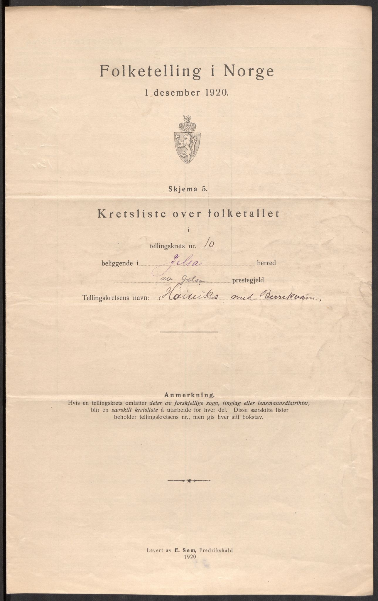 SAST, Folketelling 1920 for 1138 Jelsa herred, 1920, s. 43
