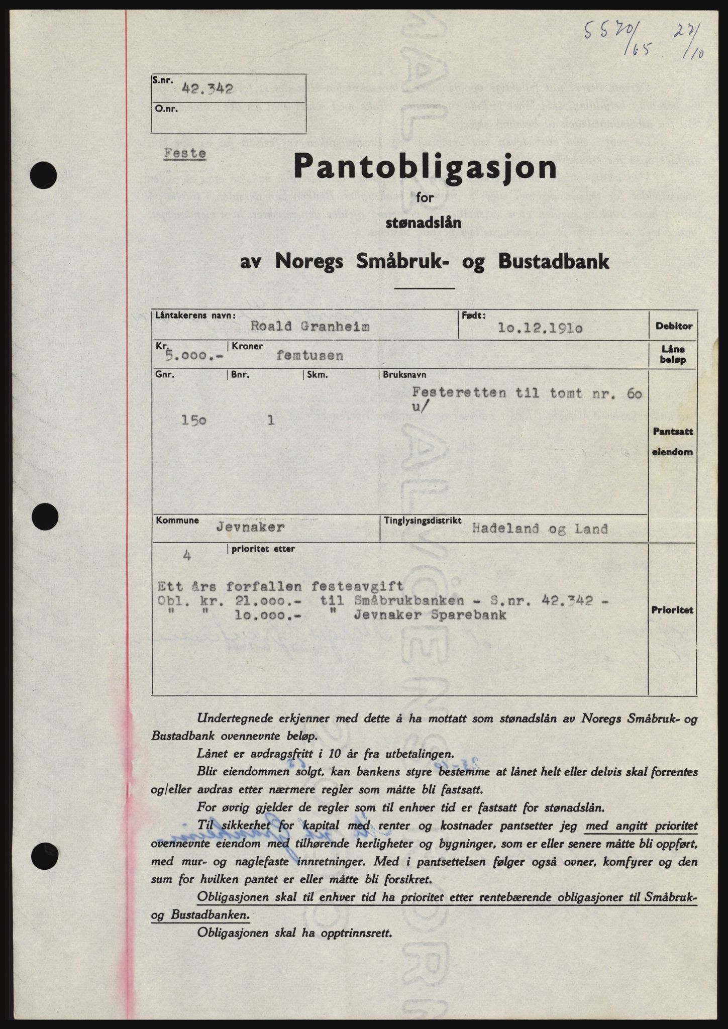 Hadeland og Land tingrett, SAH/TING-010/H/Hb/Hbc/L0060: Pantebok nr. B60, 1965-1965, Dagboknr: 5570/1965