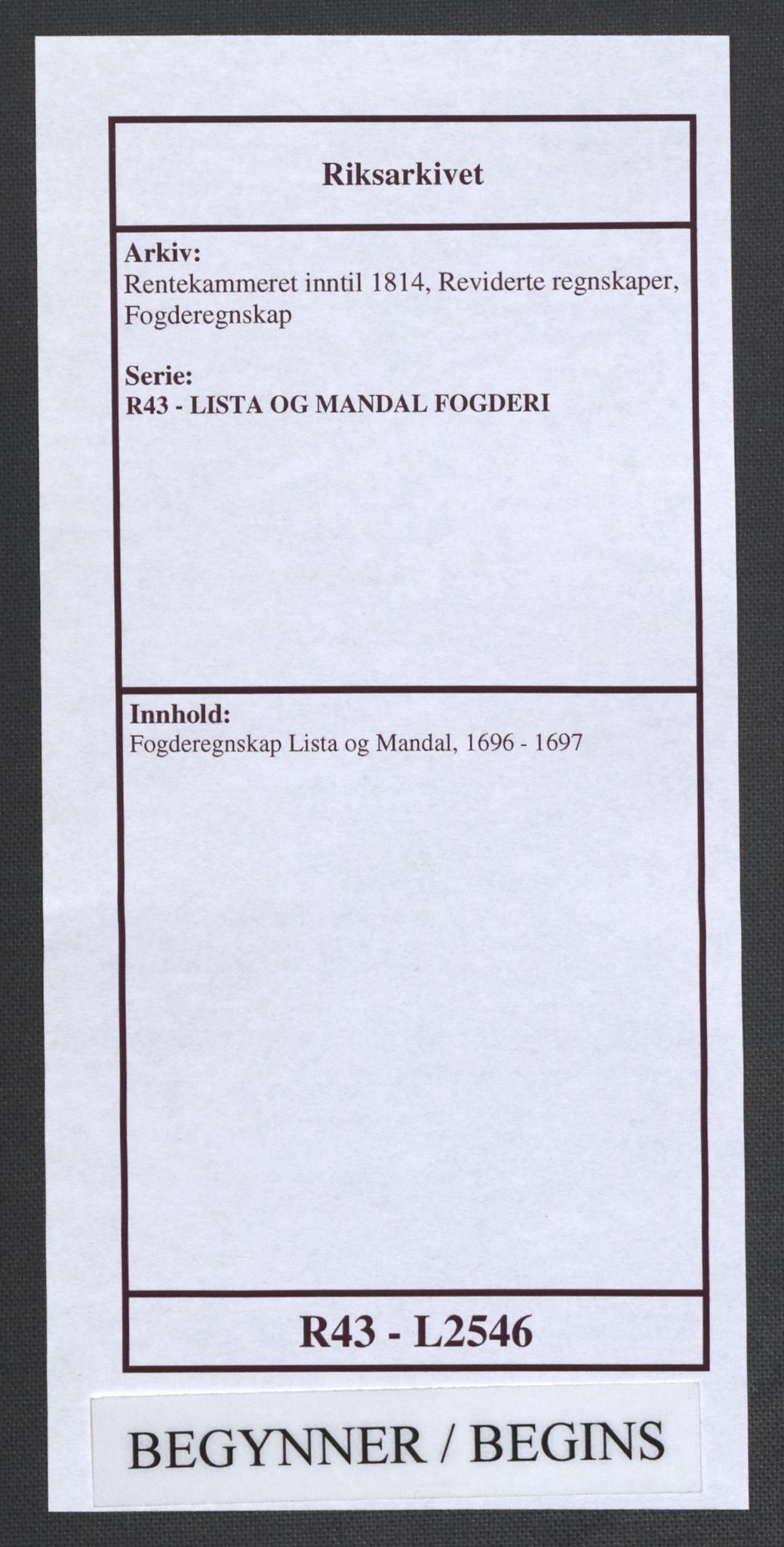 Rentekammeret inntil 1814, Reviderte regnskaper, Fogderegnskap, AV/RA-EA-4092/R43/L2546: Fogderegnskap Lista og Mandal, 1696-1697, s. 1