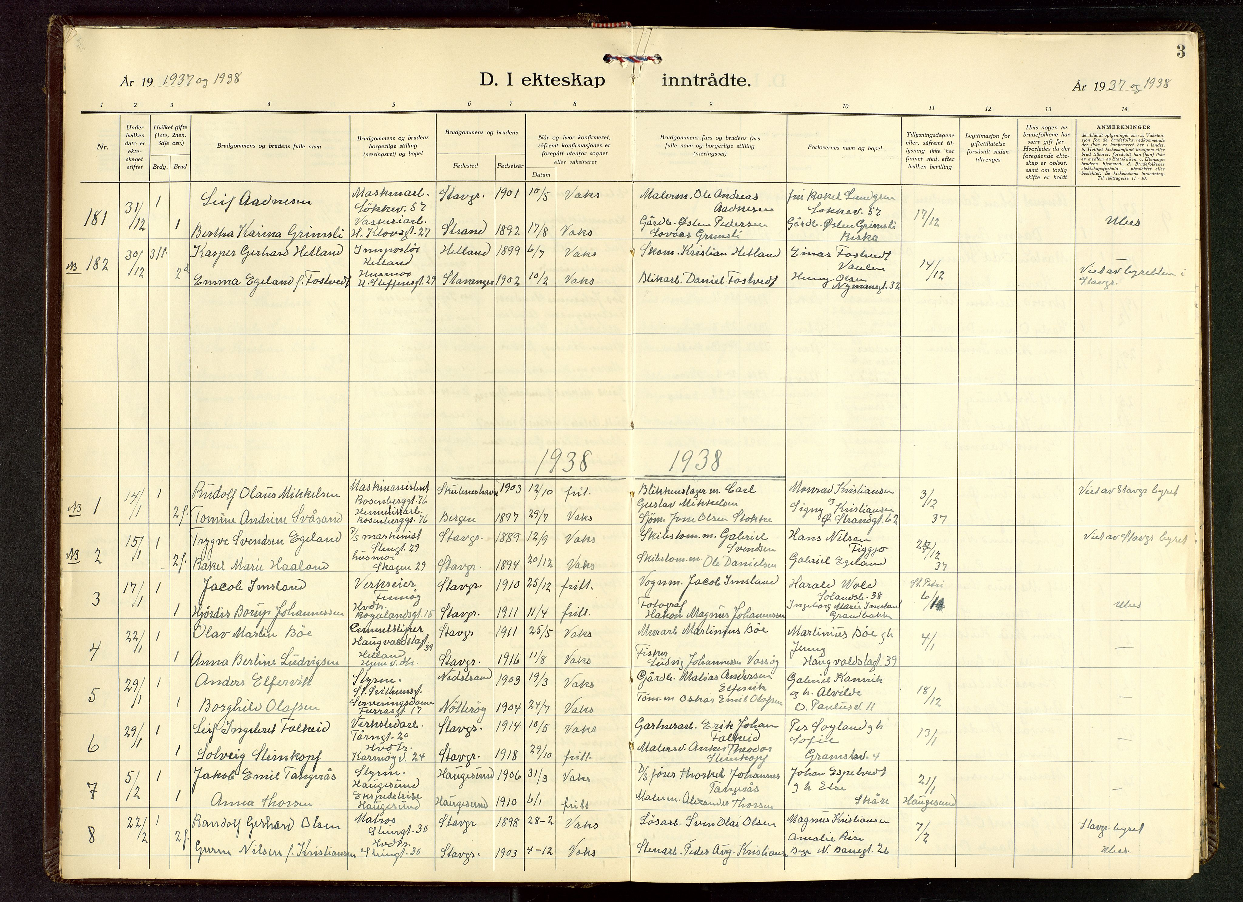 Domkirken sokneprestkontor, AV/SAST-A-101812/001/30/30BB/L0022: Klokkerbok nr. B 22, 1937-1949, s. 3