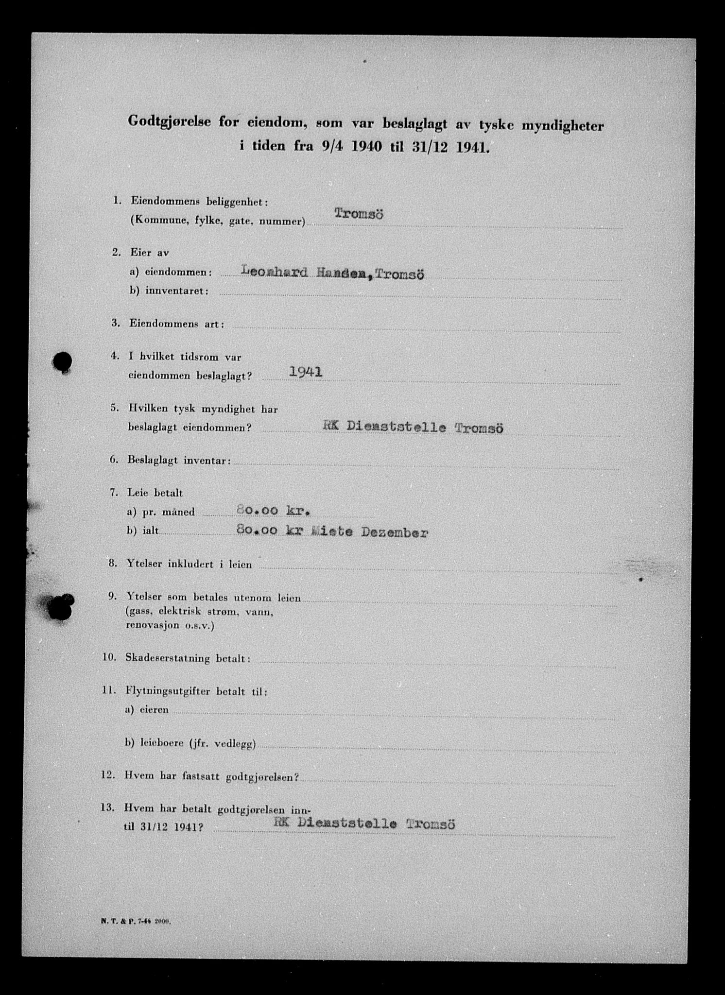 Justisdepartementet, Tilbakeføringskontoret for inndratte formuer, AV/RA-S-1564/I/L1019: Godtgjørelse for beslaglagt eiendom, 1940-1941, s. 124