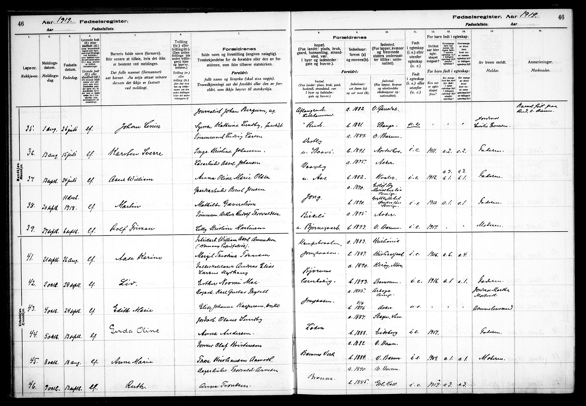 Vestre Bærum prestekontor Kirkebøker, SAO/A-10209a/J/L0001: Fødselsregister nr. 1, 1916-1926, s. 46