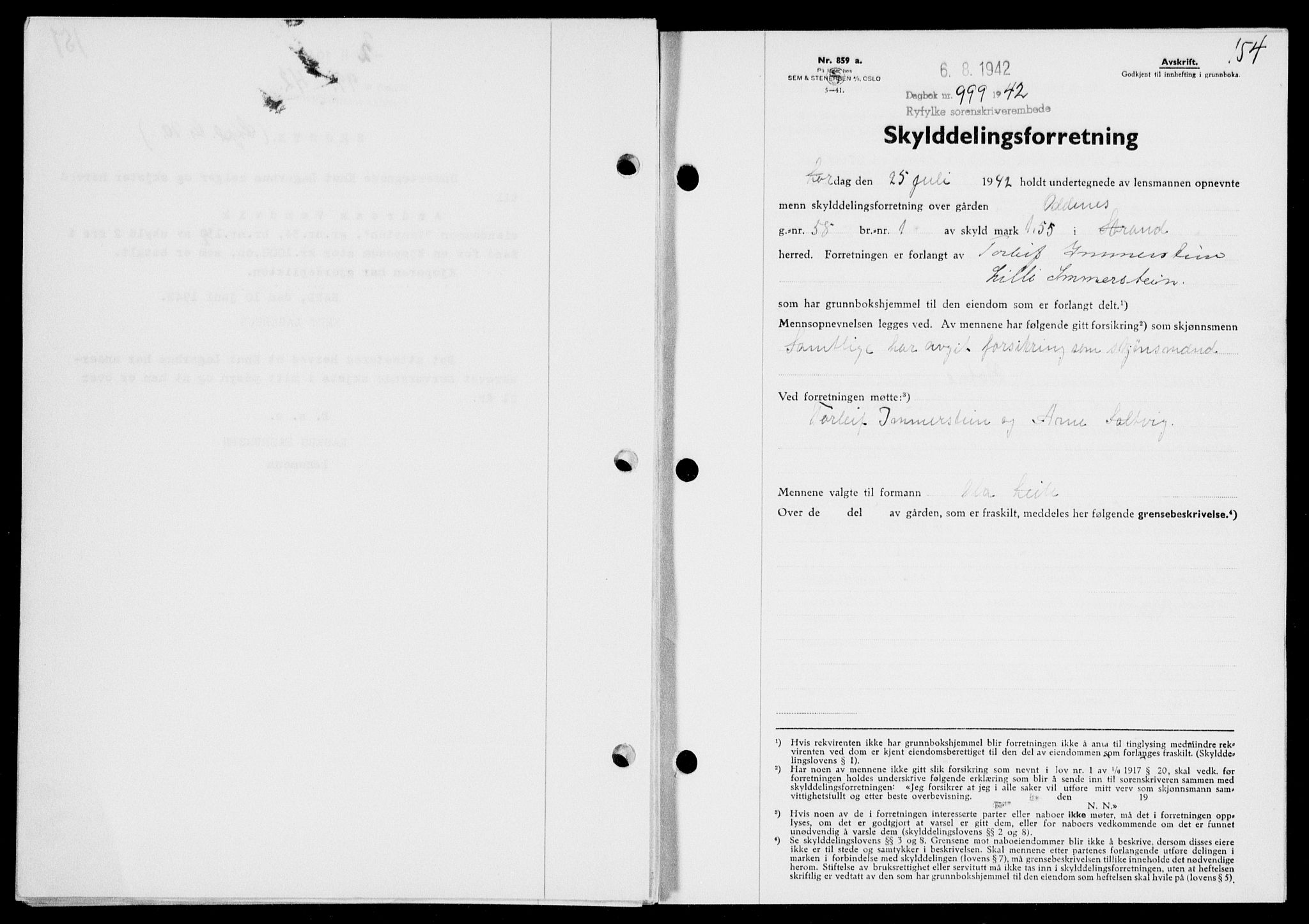 Ryfylke tingrett, SAST/A-100055/001/II/IIB/L0088: Pantebok nr. 67, 1942-1942, Dagboknr: 999/1942