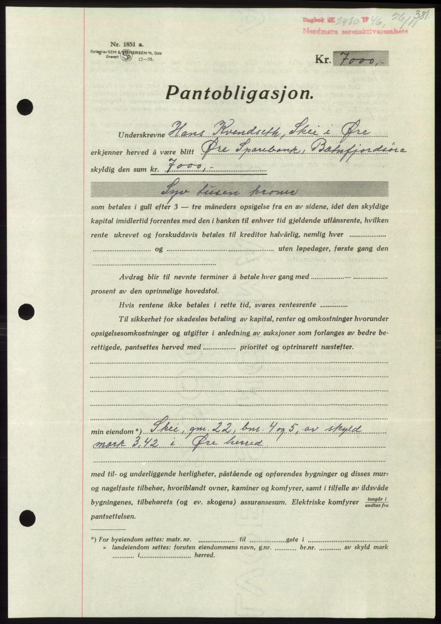 Nordmøre sorenskriveri, SAT/A-4132/1/2/2Ca: Pantebok nr. B95, 1946-1947, Dagboknr: 2480/1946