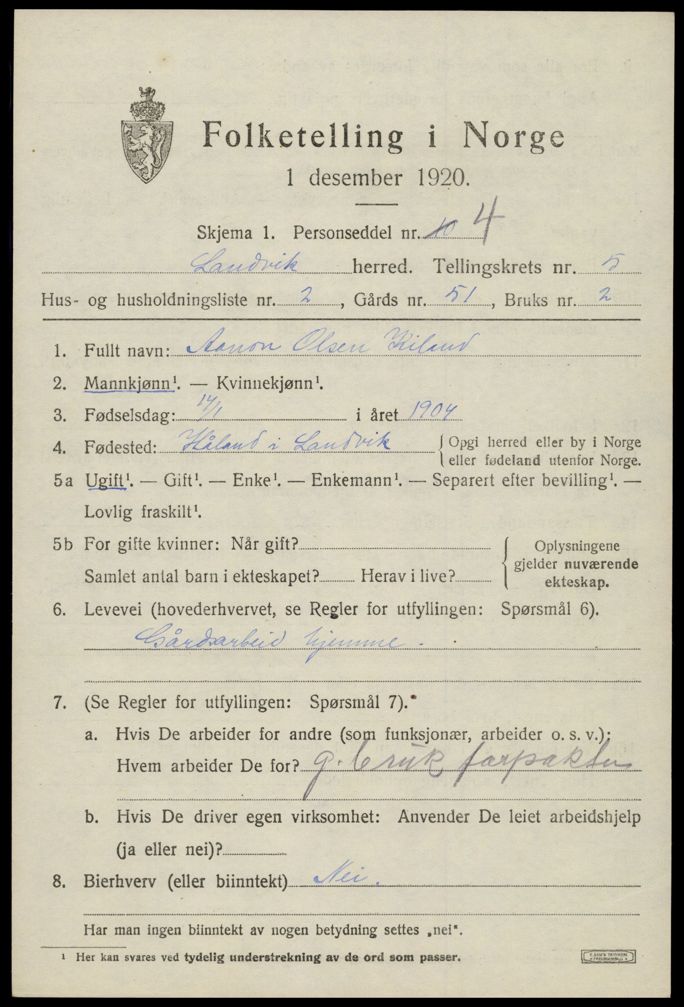 SAK, Folketelling 1920 for 0924 Landvik herred, 1920, s. 4026