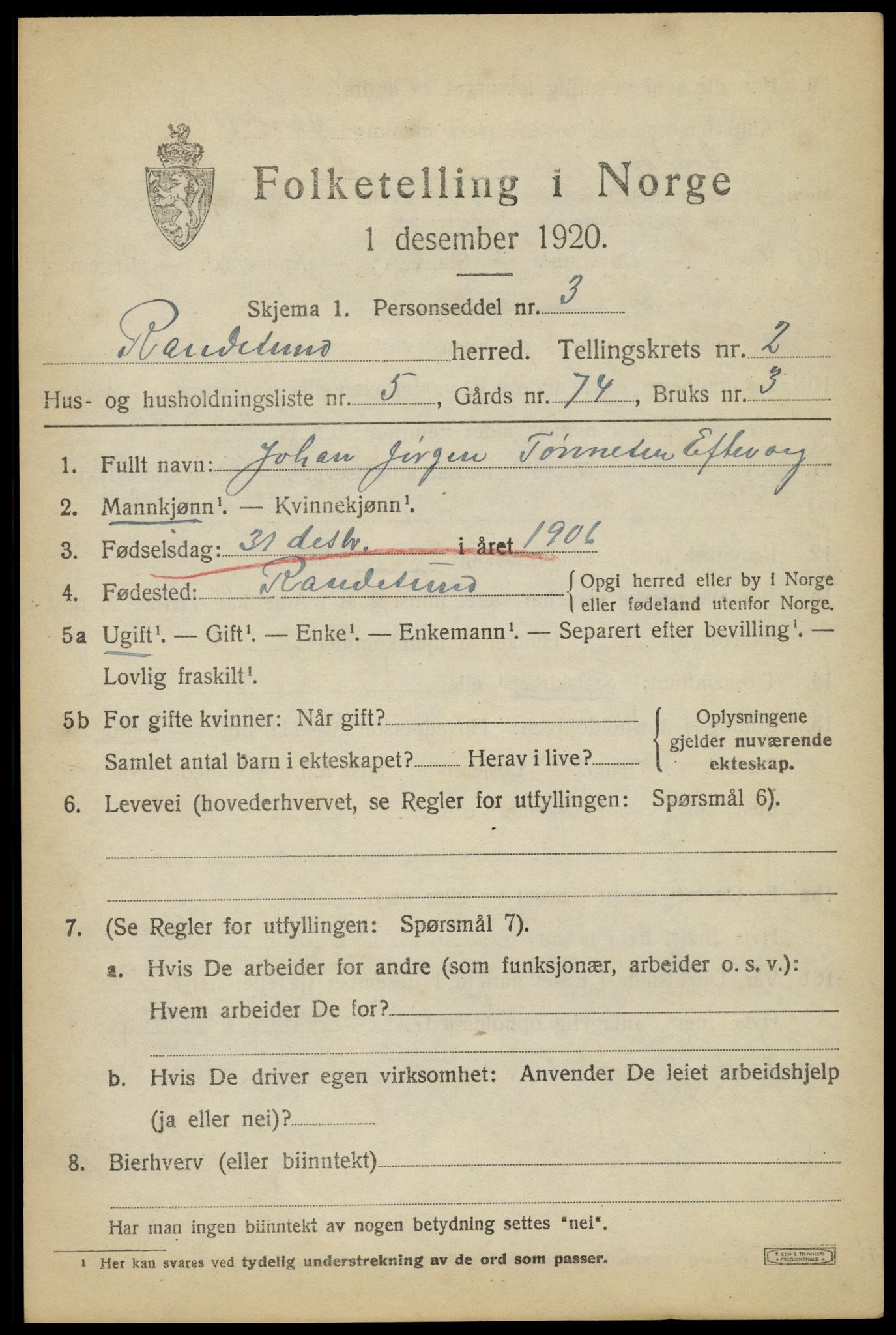SAK, Folketelling 1920 for 1011 Randesund herred, 1920, s. 1122