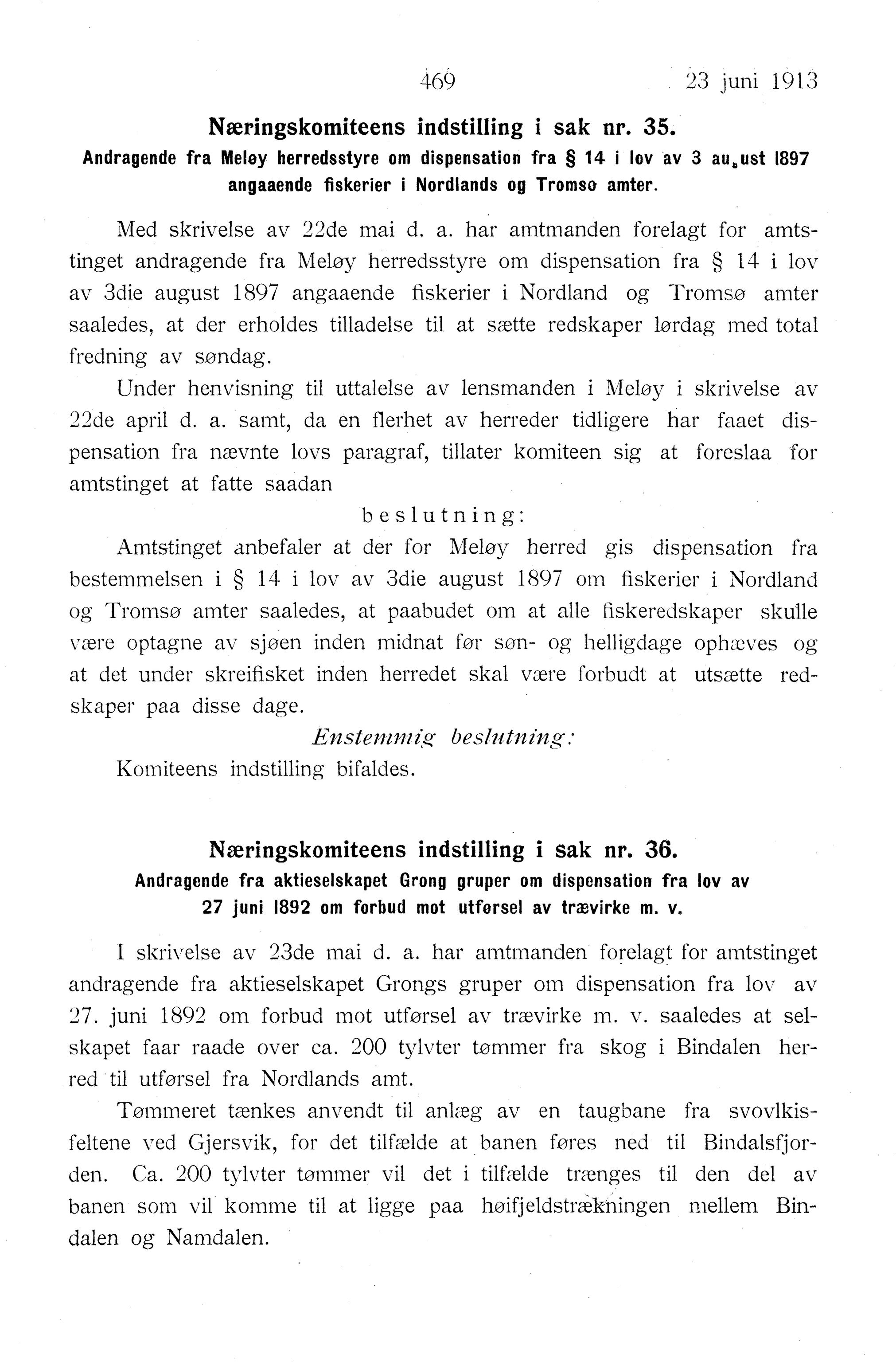 Nordland Fylkeskommune. Fylkestinget, AIN/NFK-17/176/A/Ac/L0036: Fylkestingsforhandlinger 1913, 1913