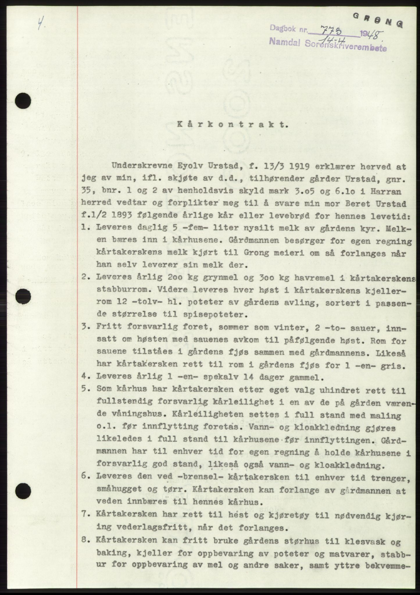 Namdal sorenskriveri, SAT/A-4133/1/2/2C: Pantebok nr. -, 1947-1948, Dagboknr: 773/1948