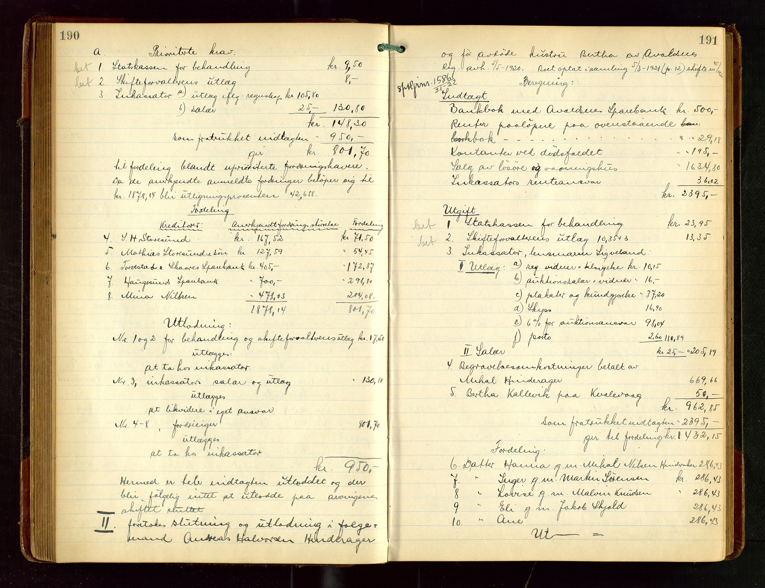 Karmsund sorenskriveri, SAST/A-100311/01/IV/IVGB/L0003: SKIFTEUTLODNINGSPROTOKOLL, 1919-1925, s. 190-191